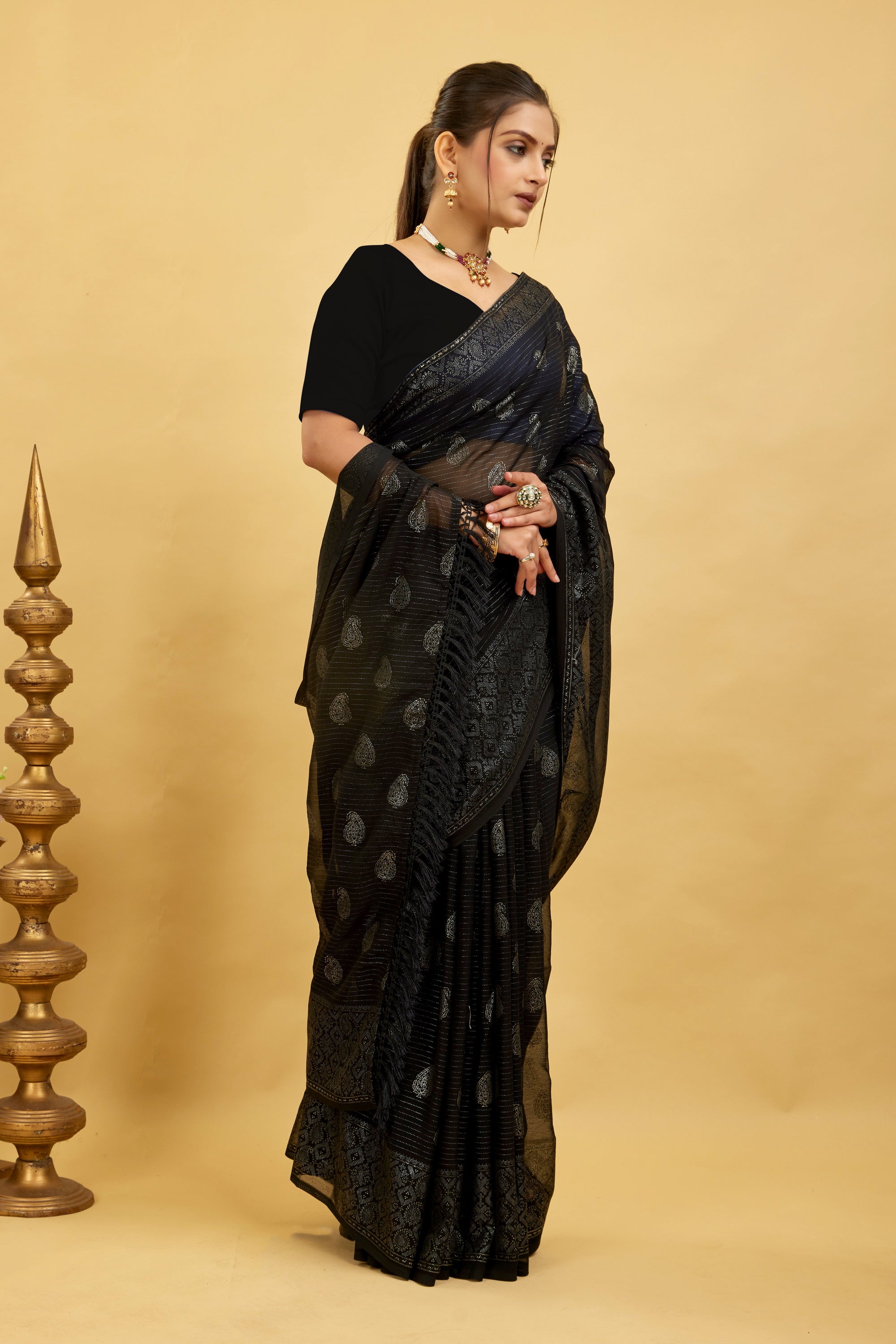 Black Foil Printed Soft Georgette Saree