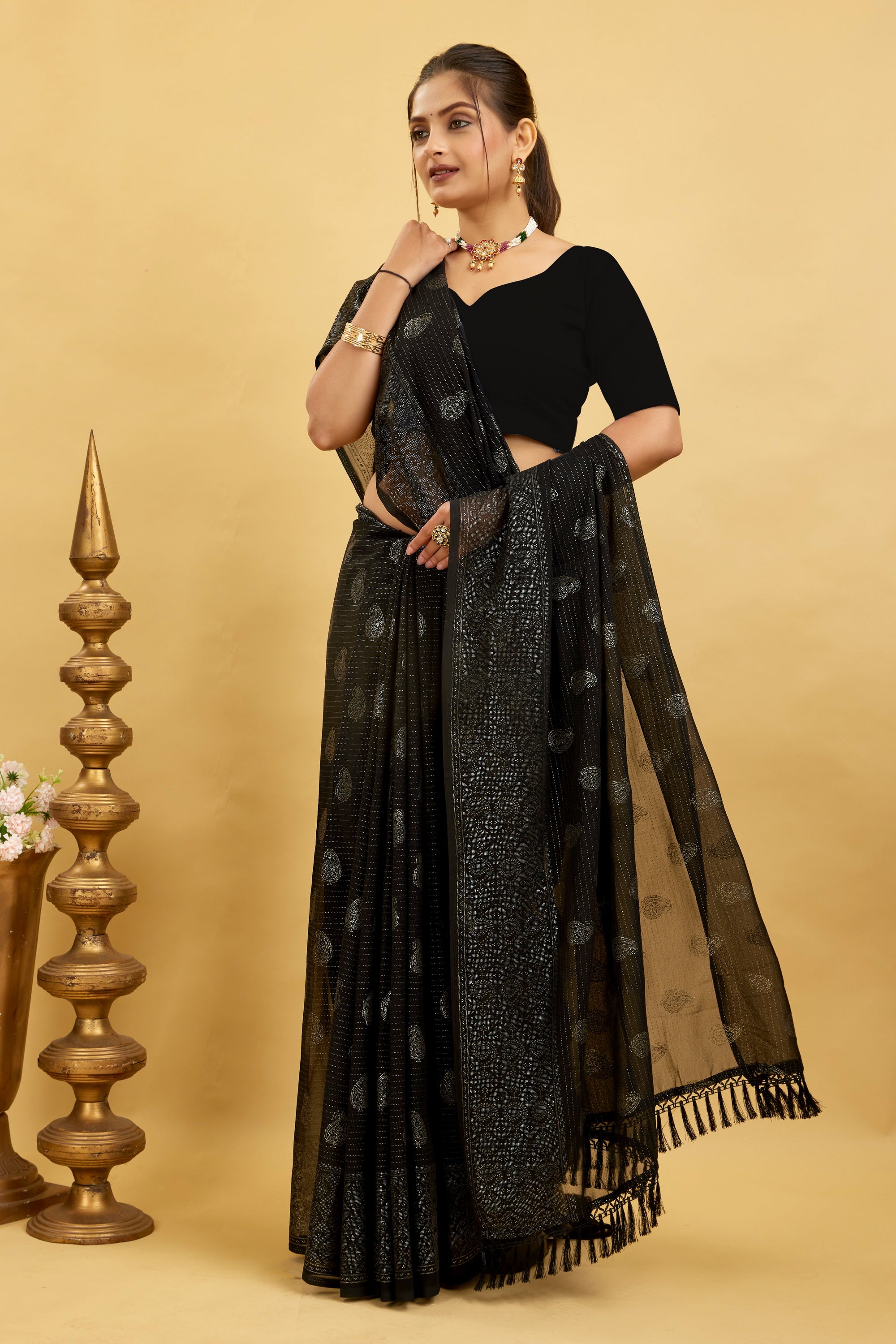 Black Foil Printed Soft Georgette Saree