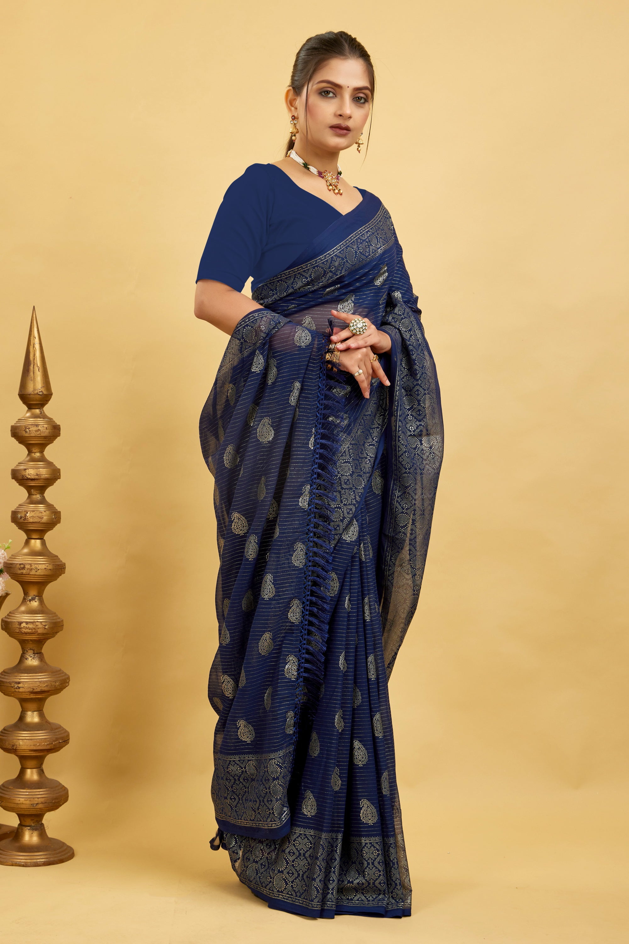 Navy Foil Printed Soft Georgette Saree