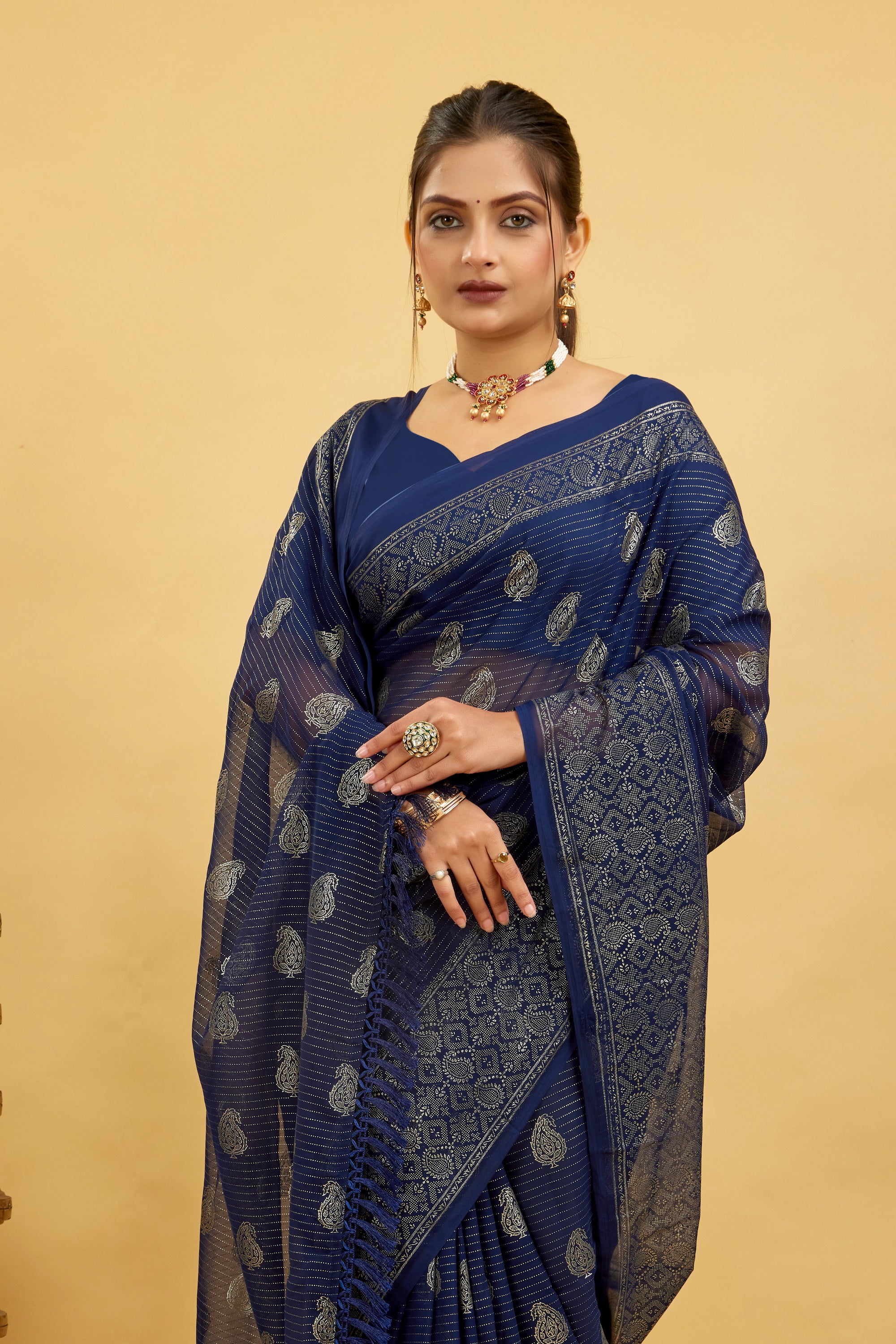 Navy Foil Printed Soft Georgette Saree
