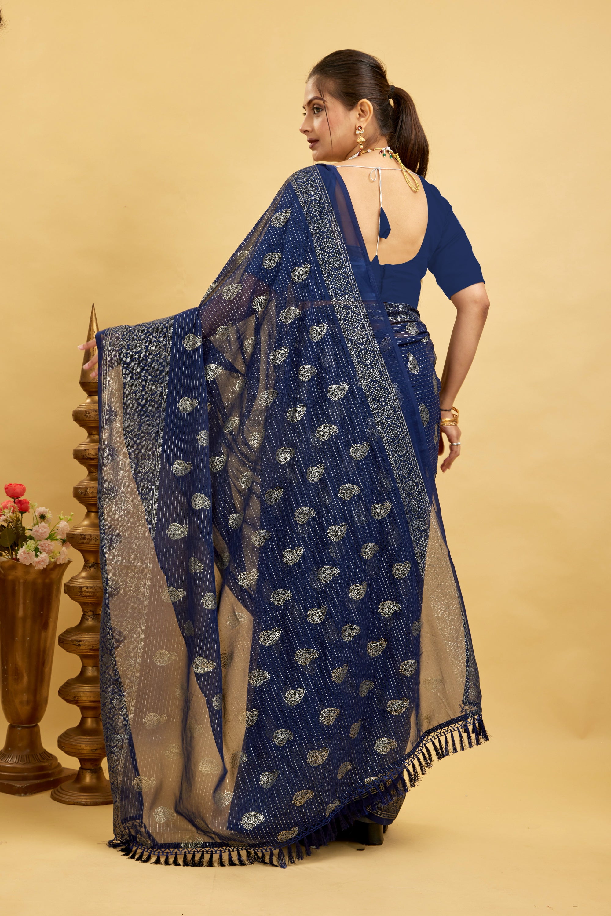 Navy Foil Printed Soft Georgette Saree