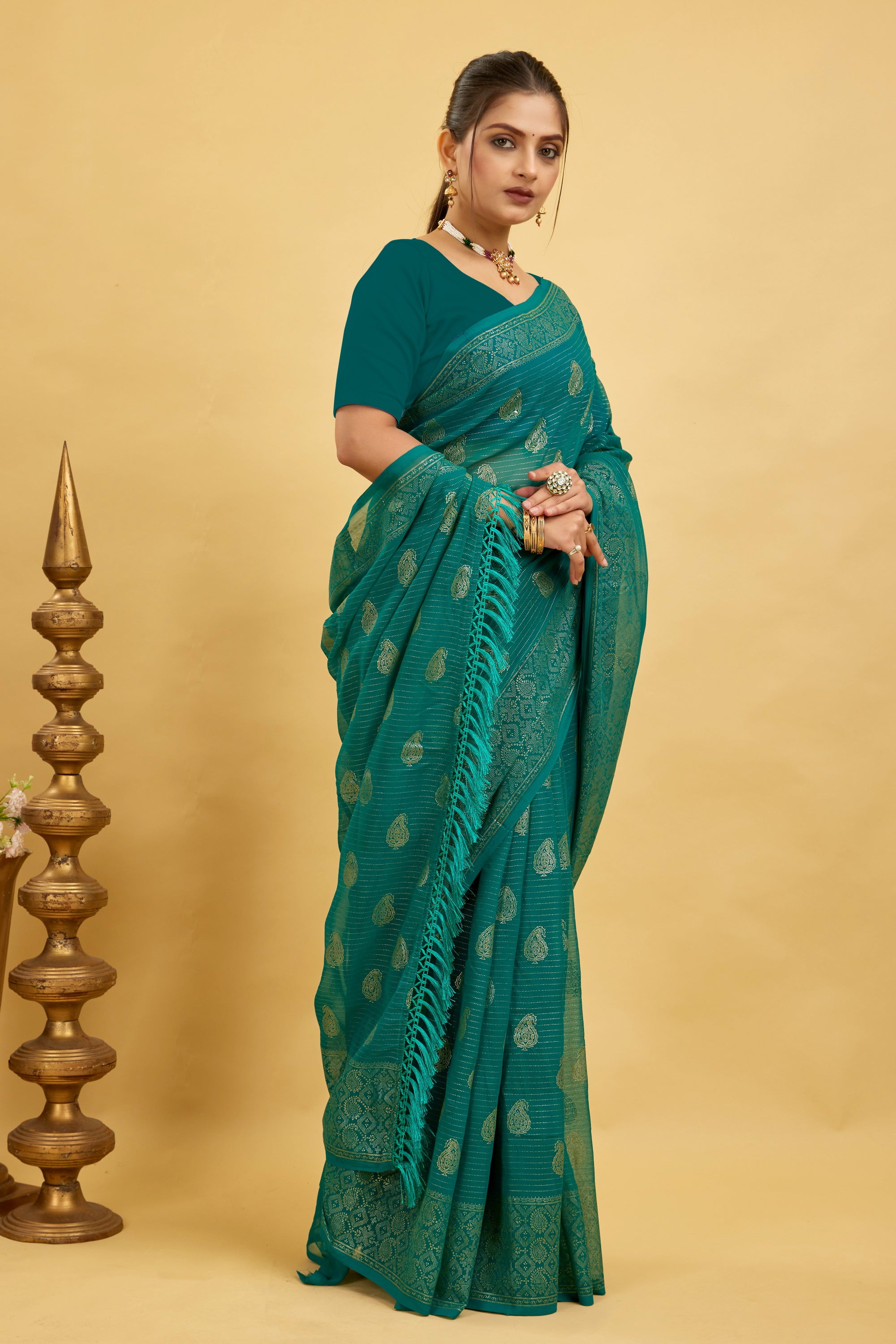 Green Foil Printed Soft Georgette Saree