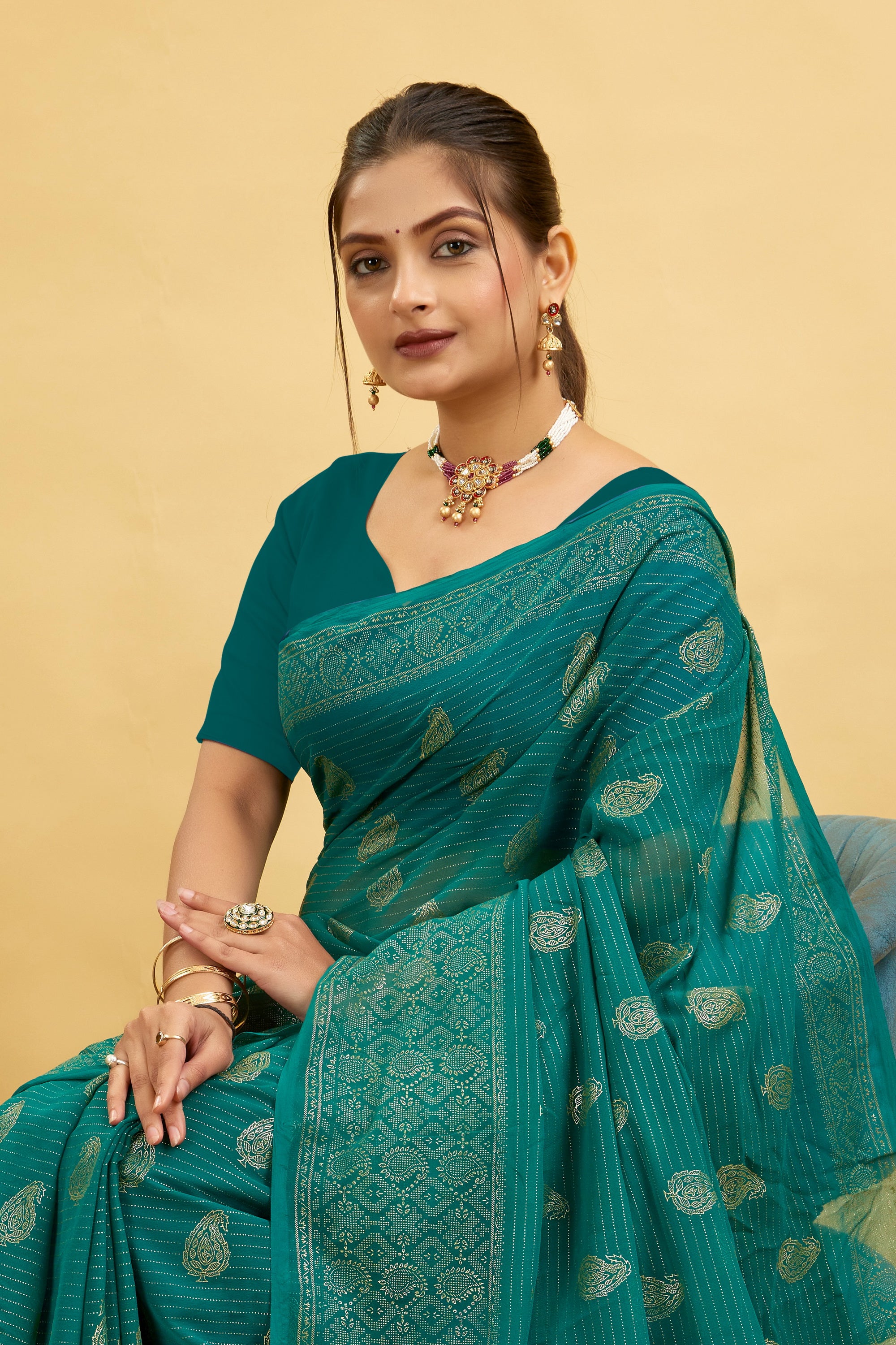Green Foil Printed Soft Georgette Saree
