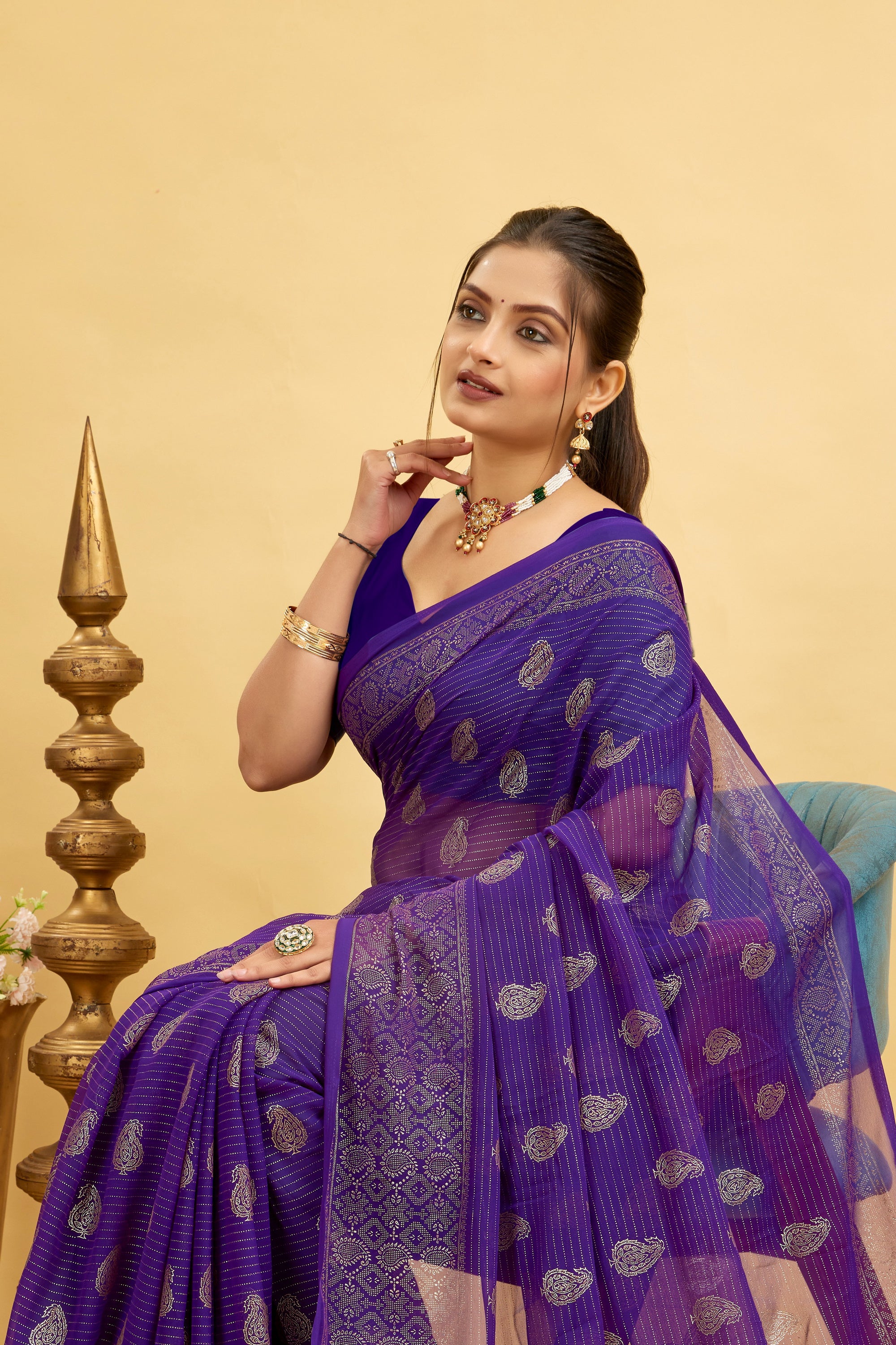 Purple Foil Printed Soft Georgette Saree