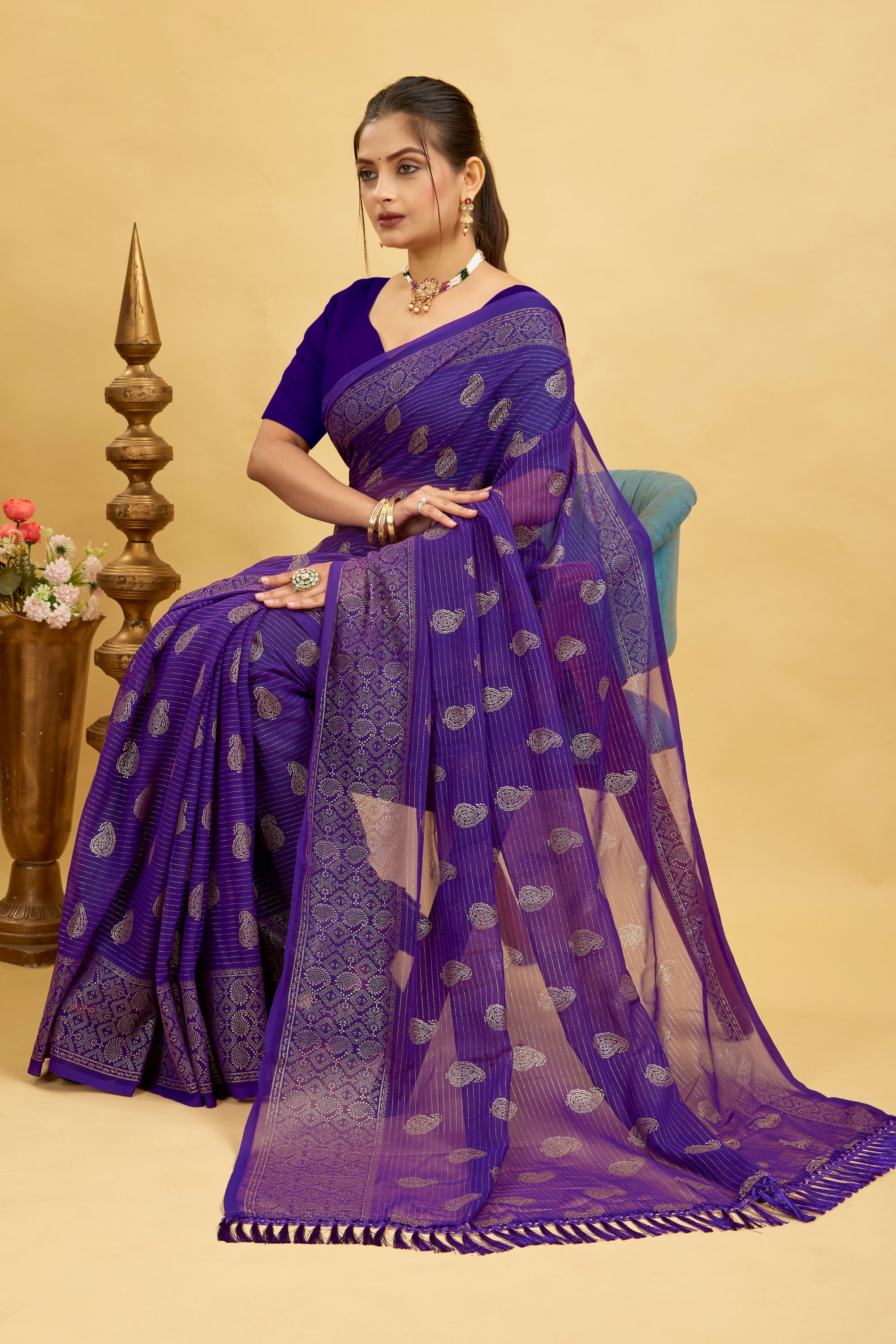 Purple Foil Printed Soft Georgette Saree