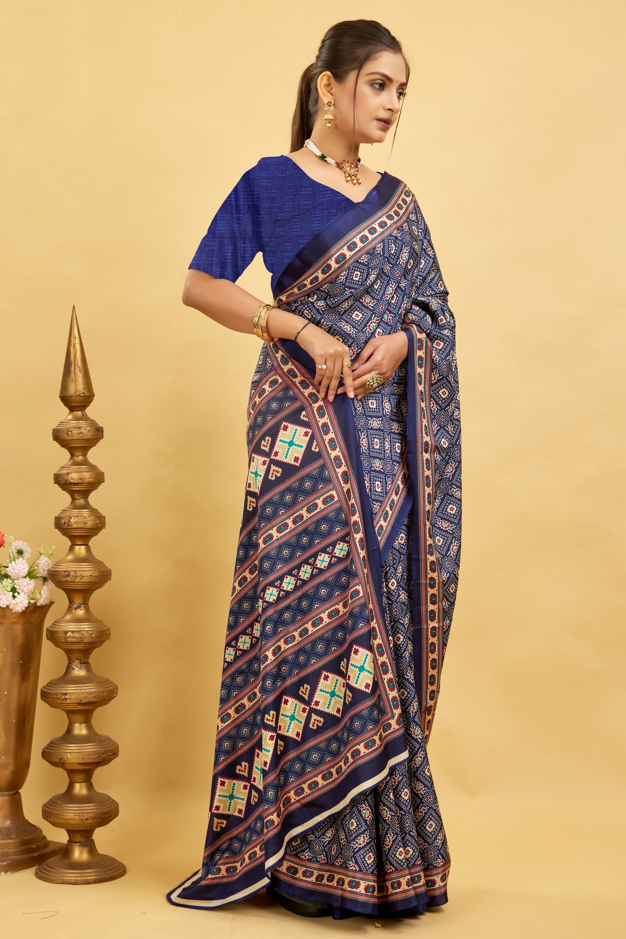 Navy Blue Printed Gharchola Saree