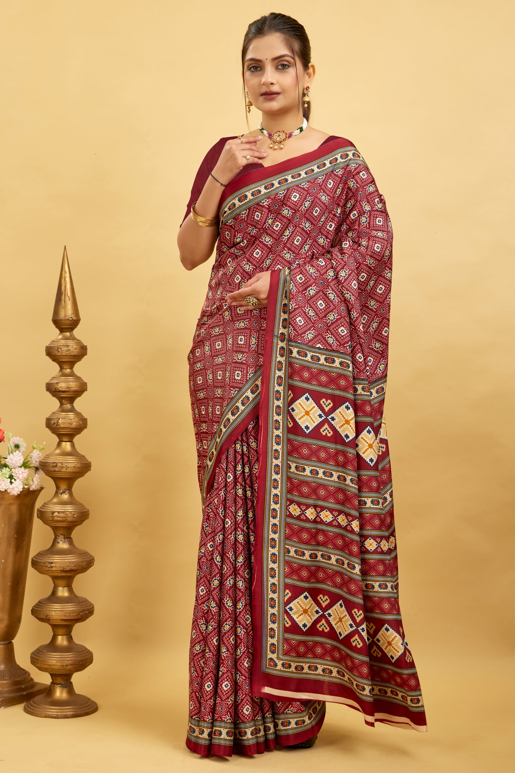 Red Silk Crepe Digital Printed Saree