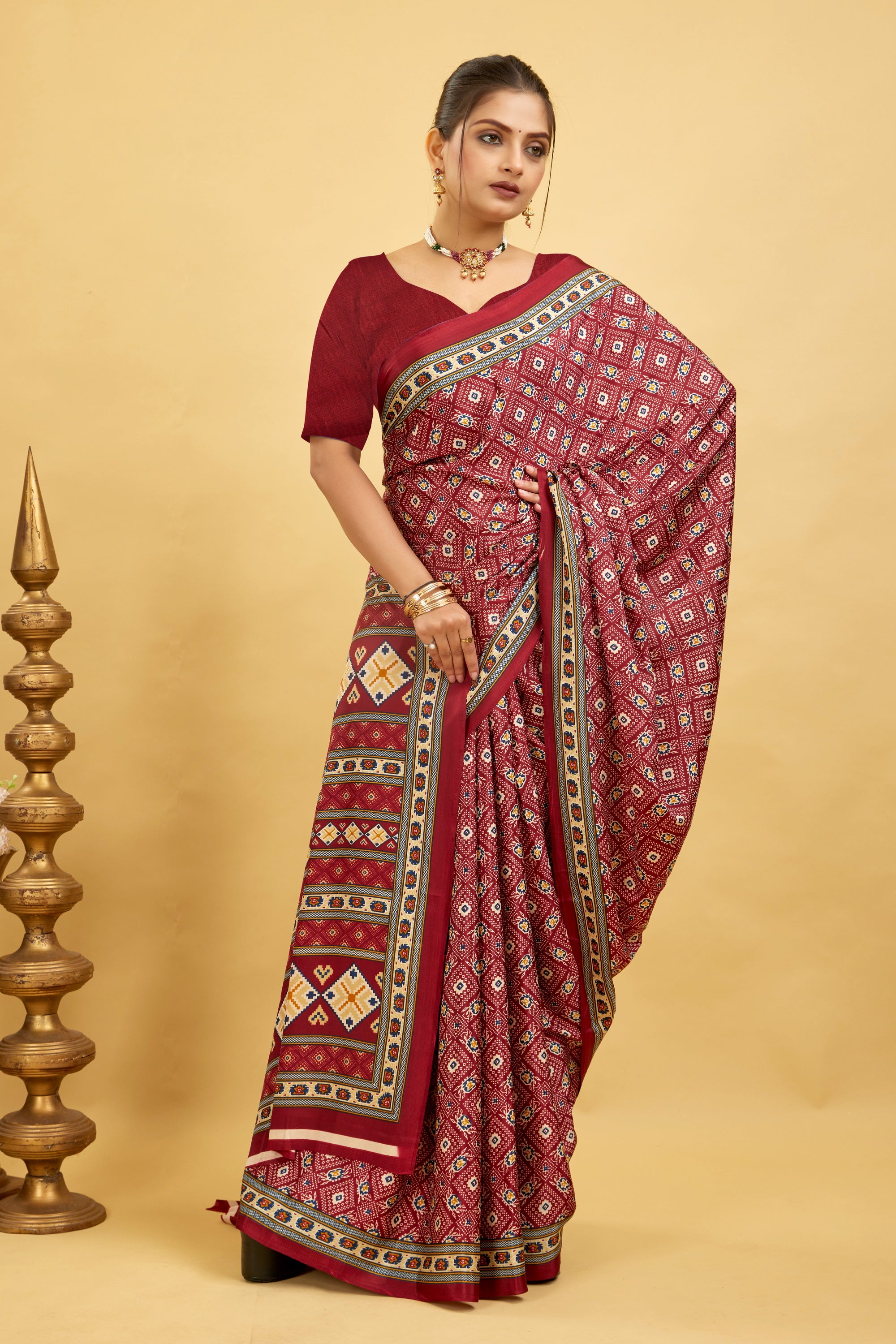 Red Silk Crepe Digital Printed Saree