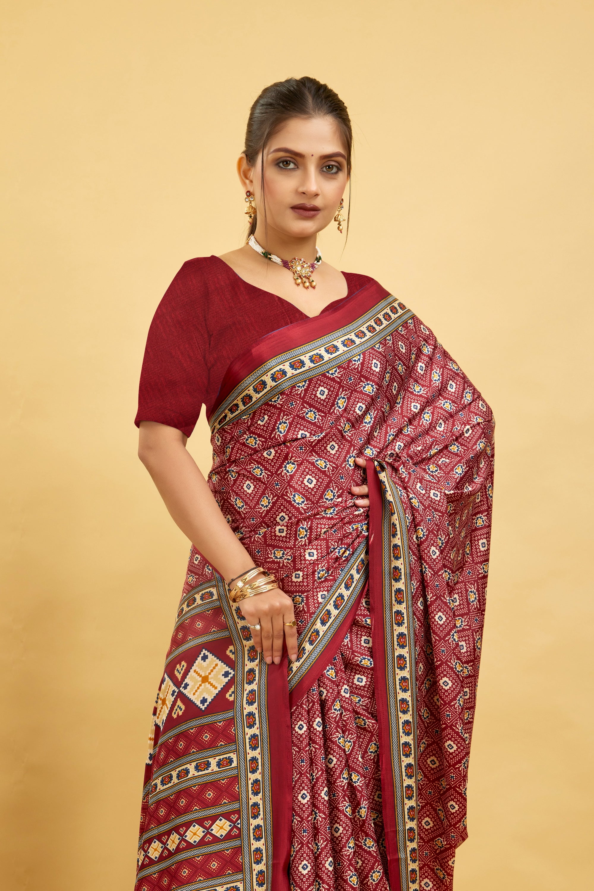 Red Silk Crepe Digital Printed Saree