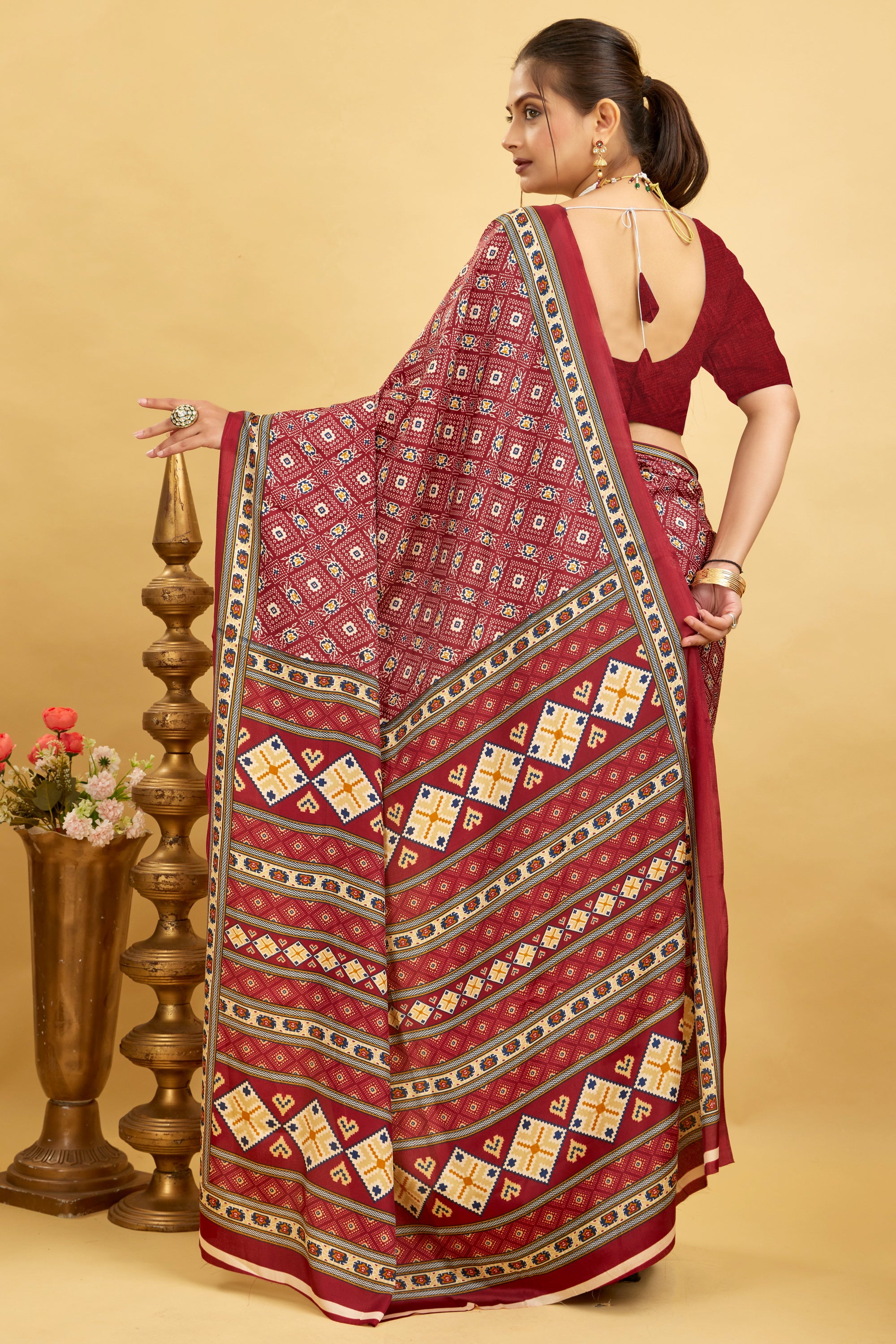 Red Silk Crepe Digital Printed Saree