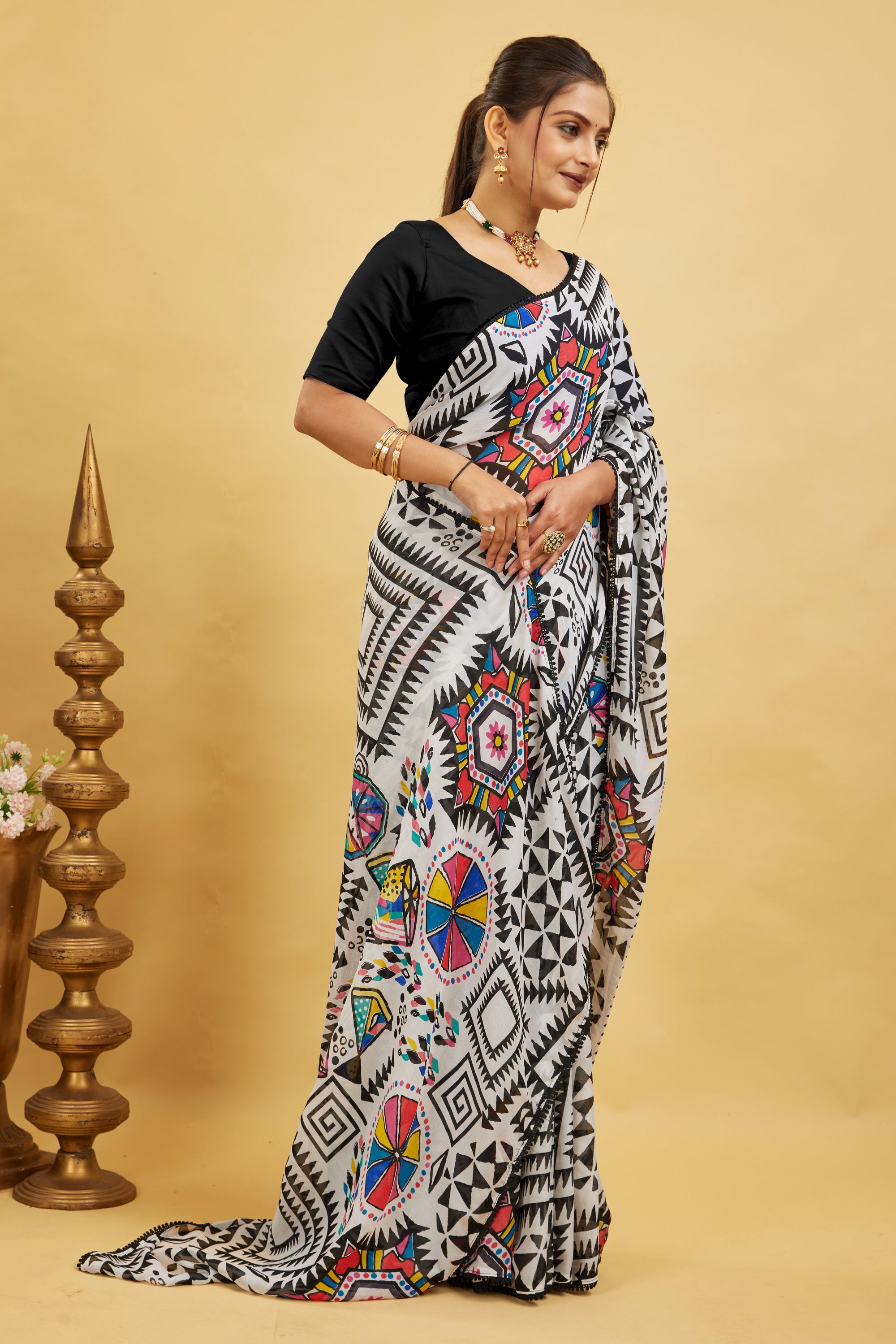 Black Kalamkari Printed Bright Moss Chinon Saree