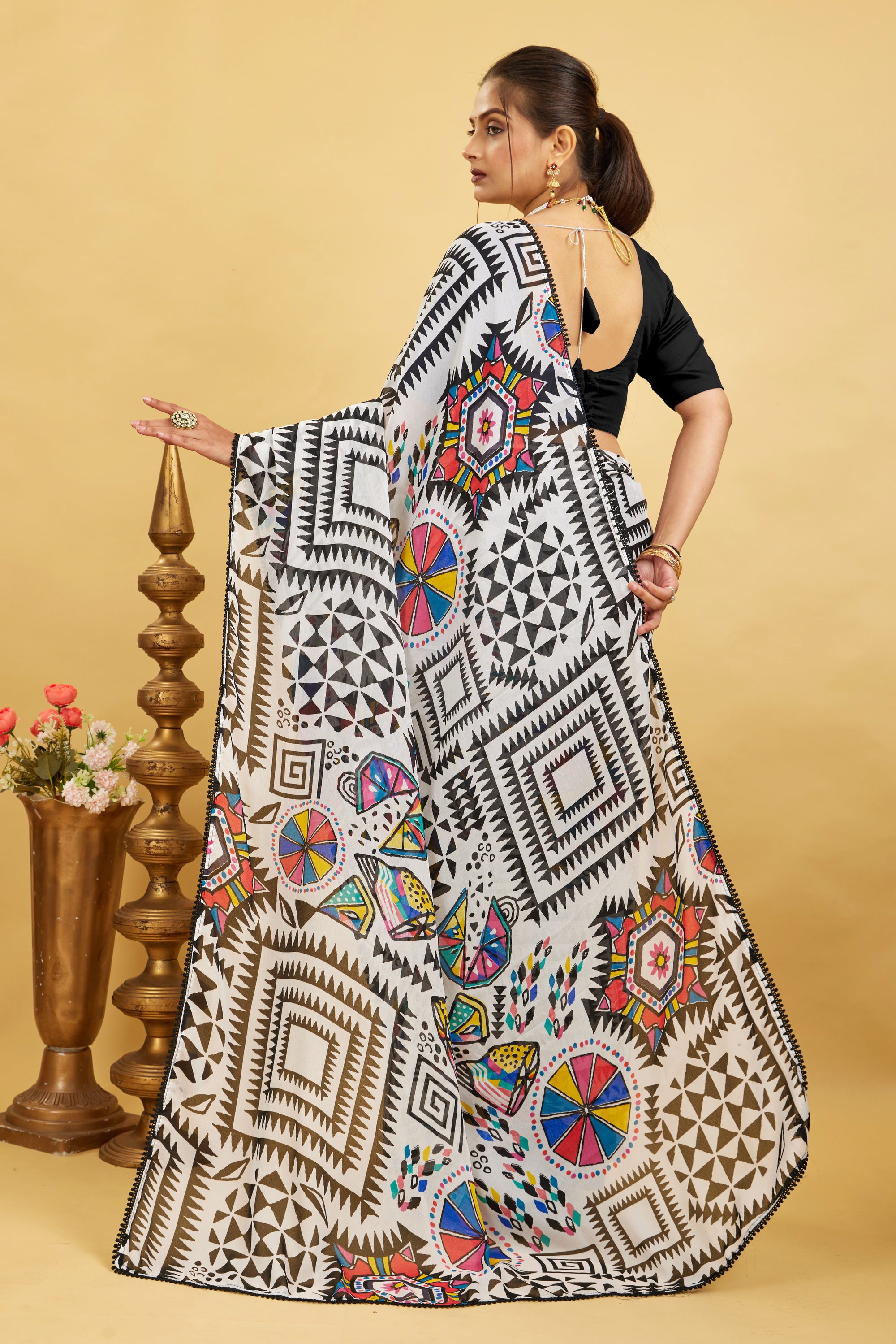 Black Kalamkari Printed Bright Moss Chinon Saree