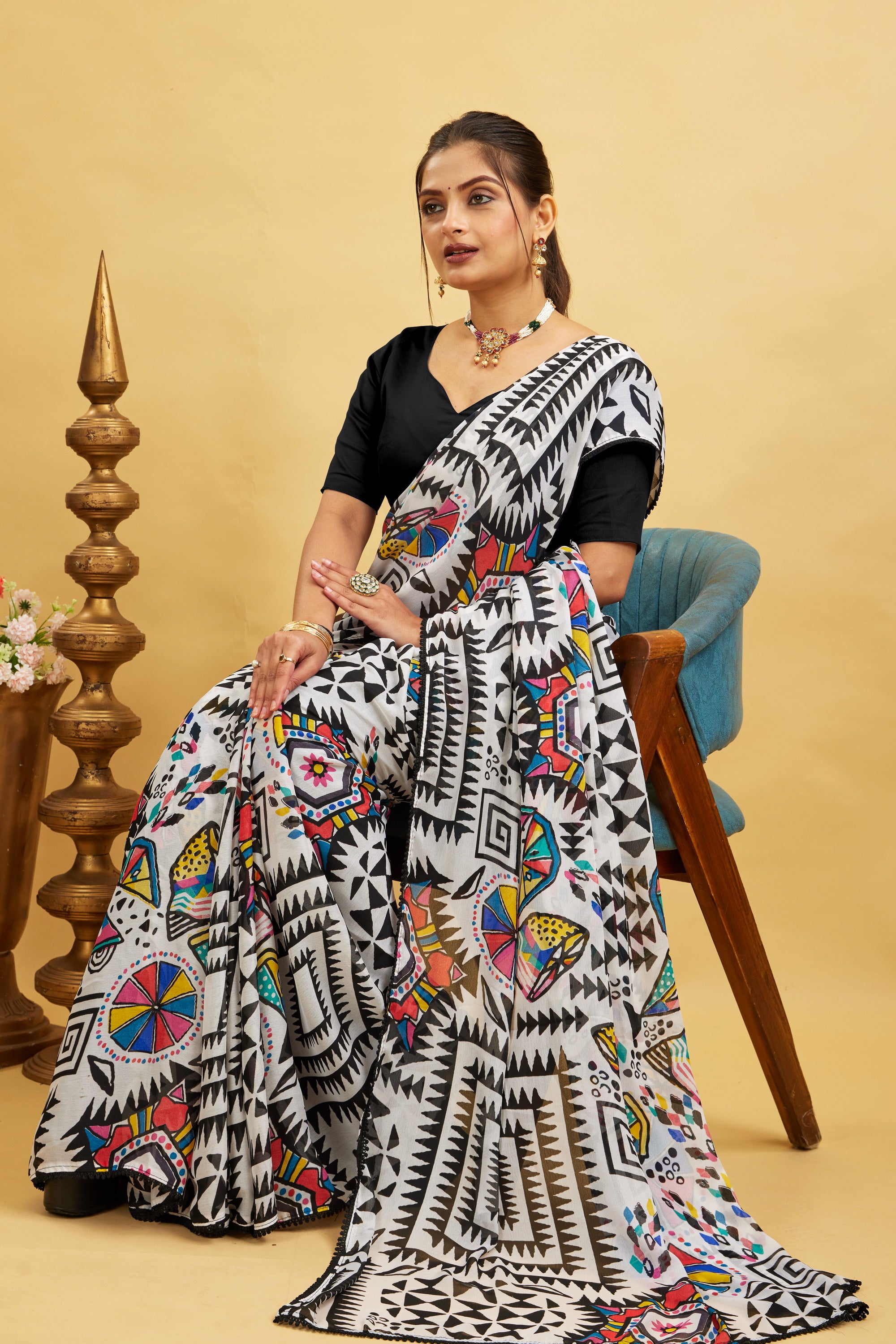 Black Kalamkari Printed Bright Moss Chinon Saree