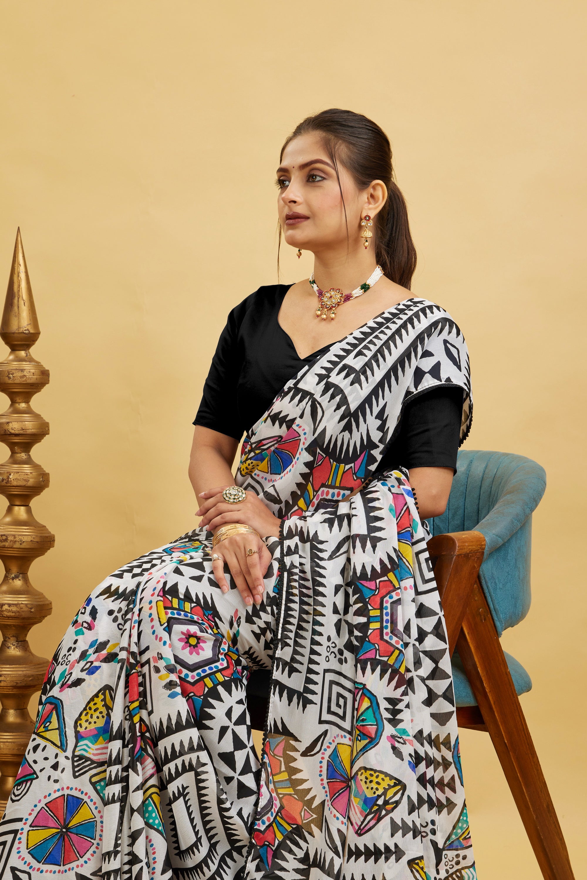 Kalamkari Printed Bright Moss Chinon Saree