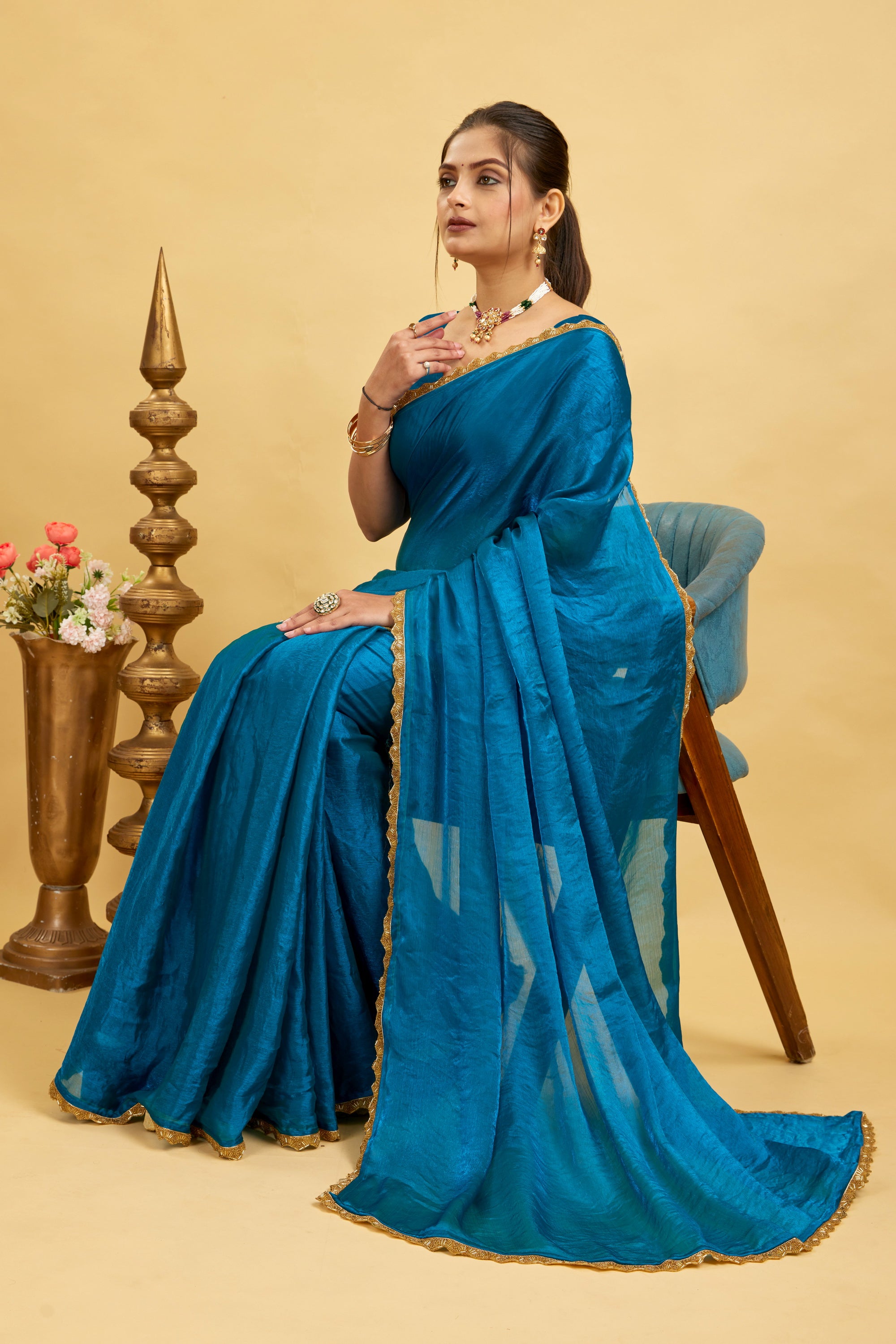 Blue Jimmy Choo Plain Chiffon Saree
