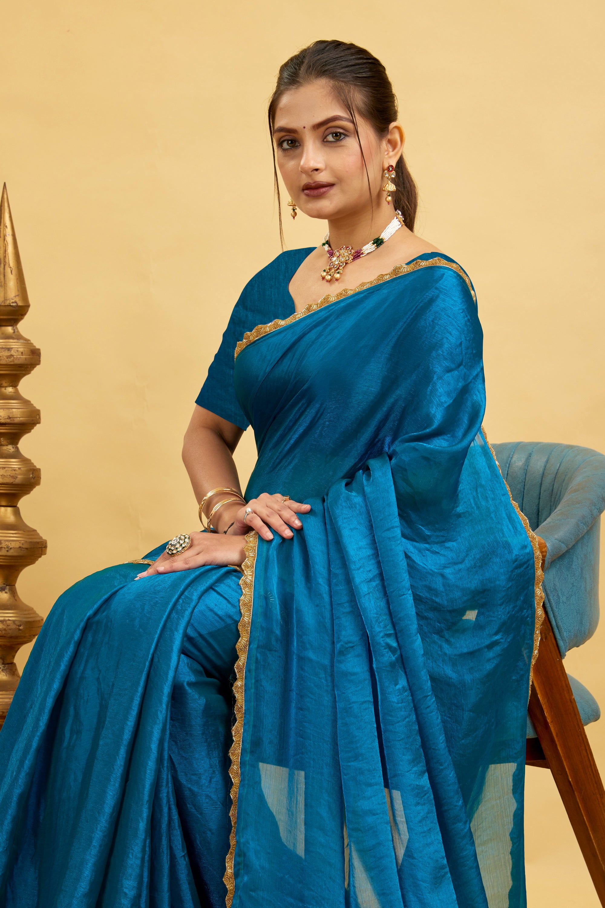 Blue Jimmy Choo Plain Chiffon Saree