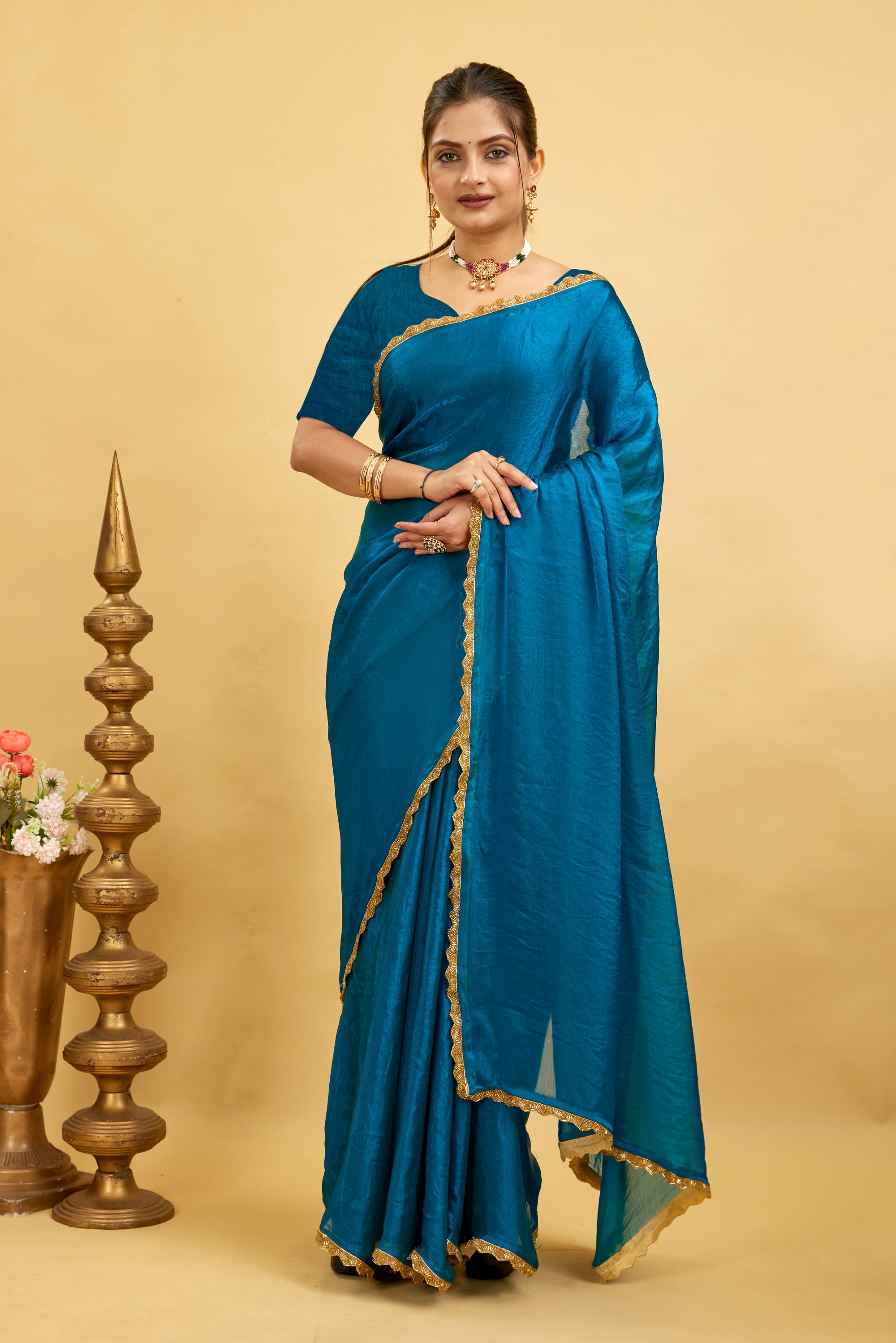 Blue Jimmy Choo Plain Chiffon Saree