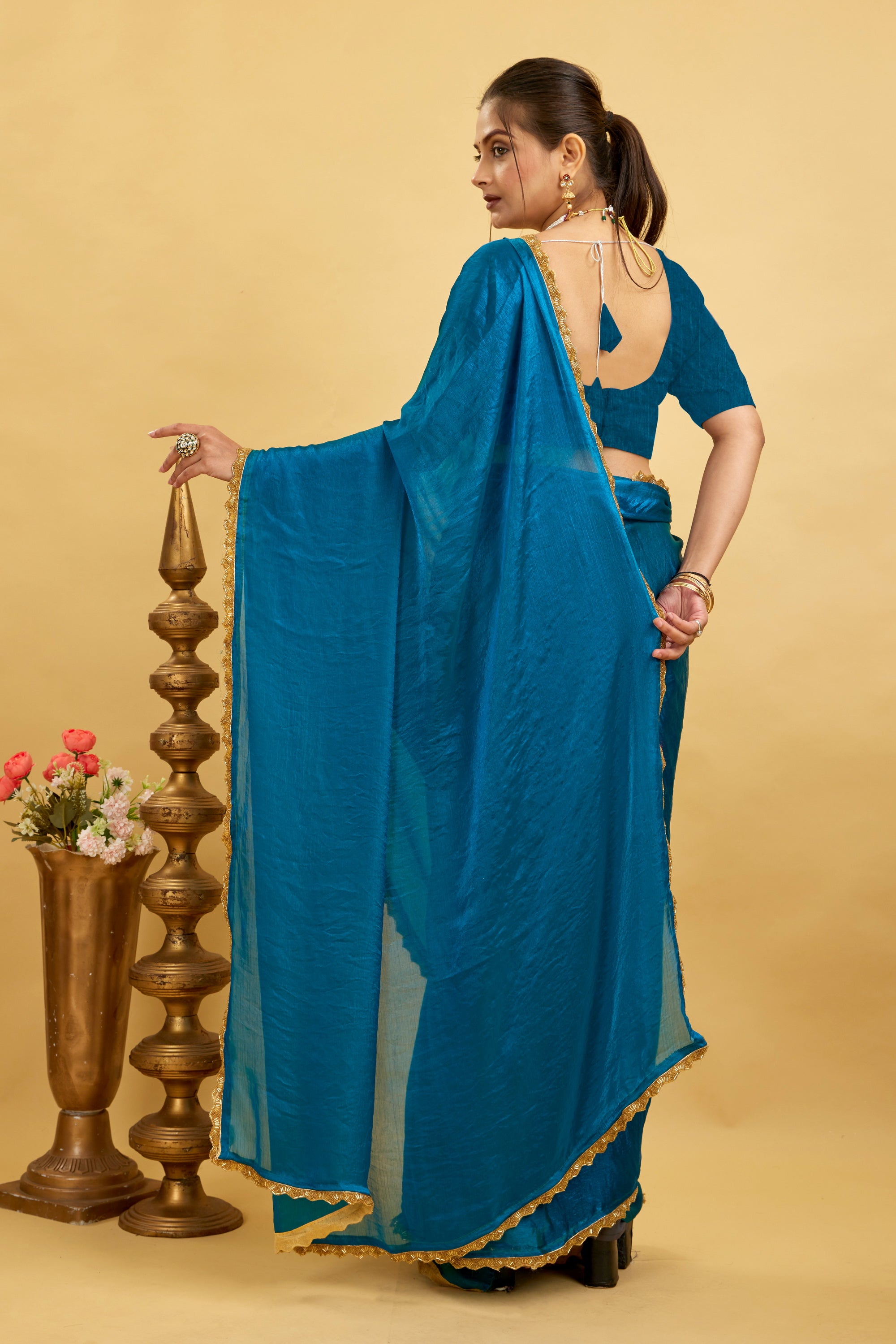 Blue Jimmy Choo Plain Chiffon Saree