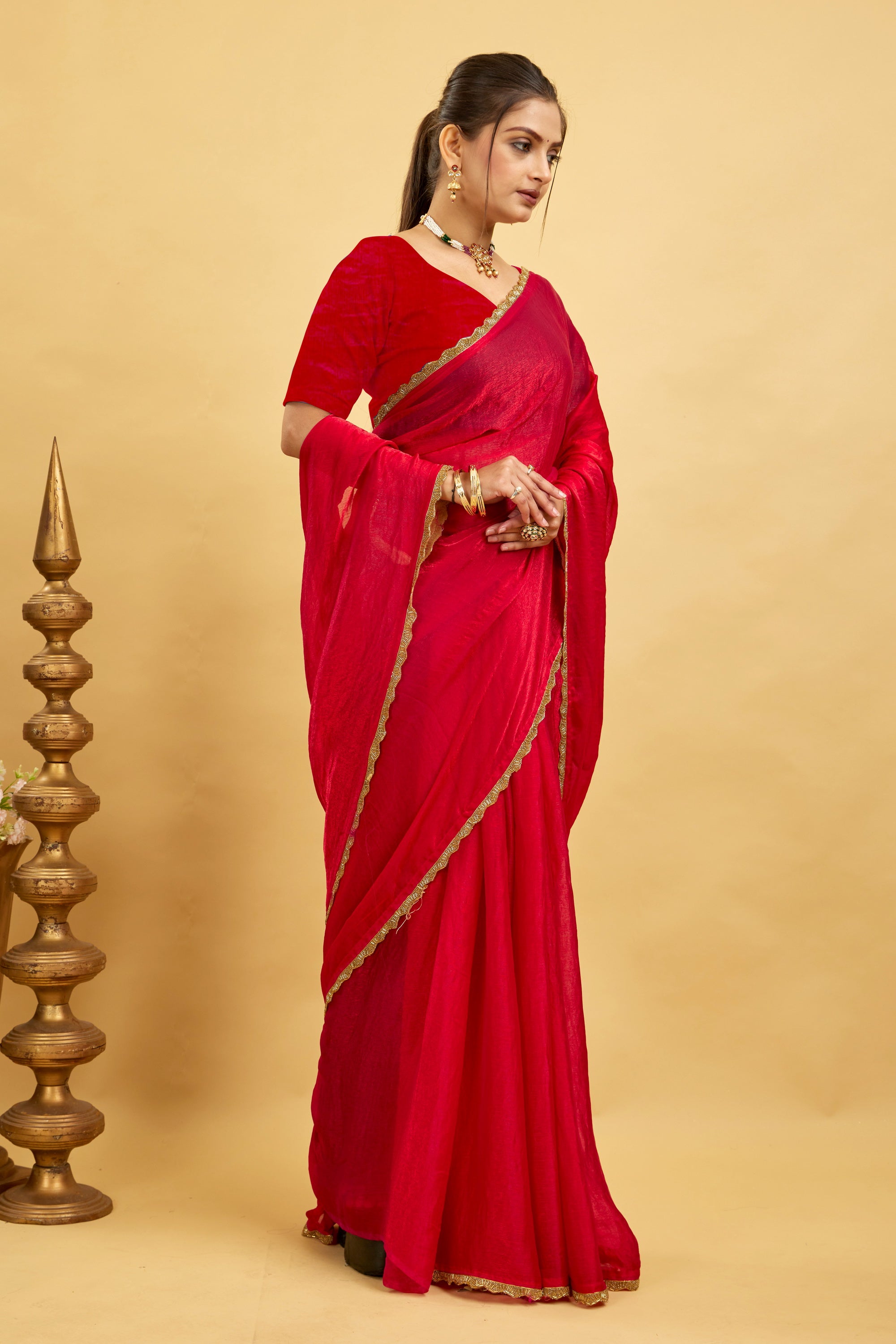 Red Jimmy Choo Plain Chiffon Saree