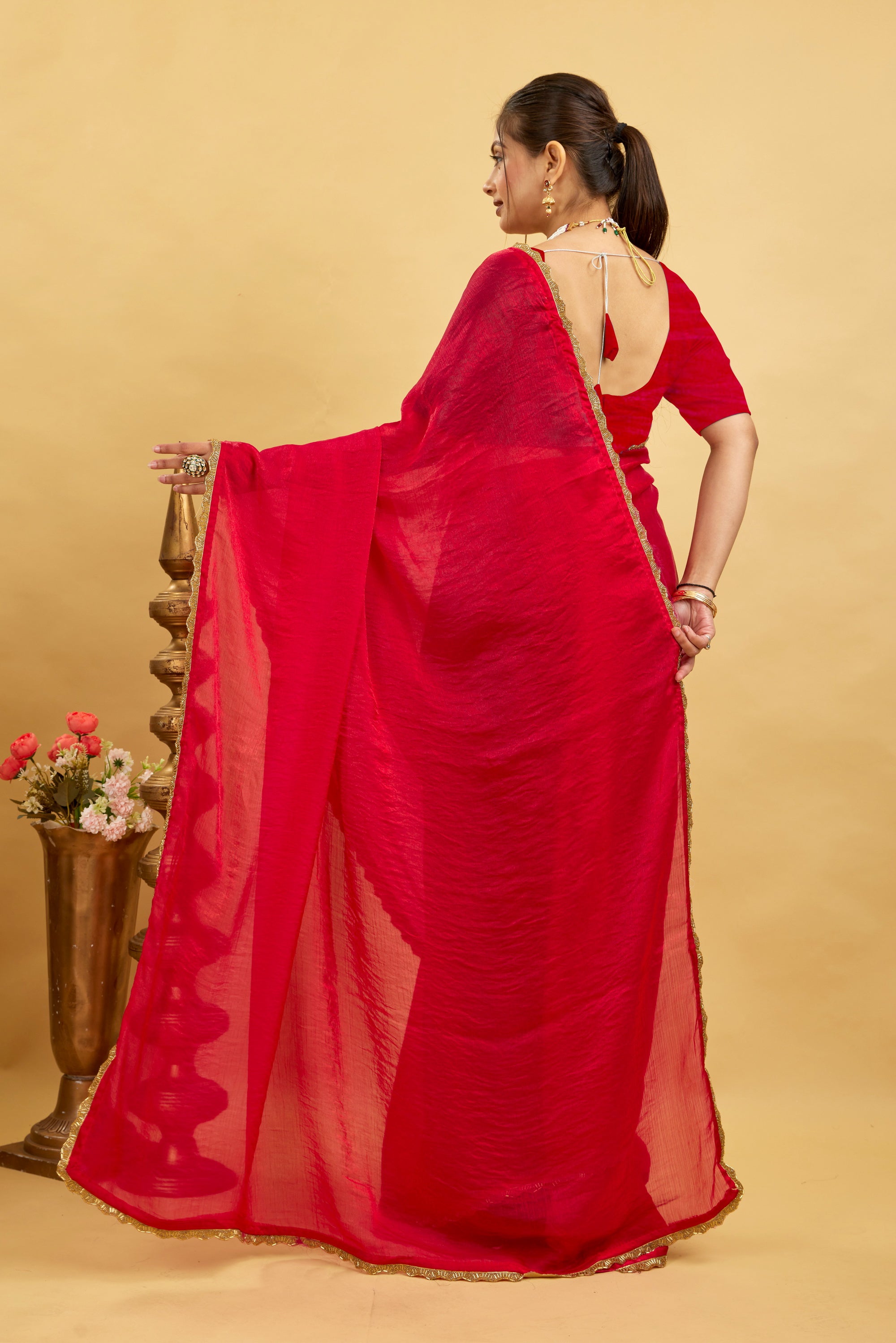 Red Jimmy Choo Plain Chiffon Saree
