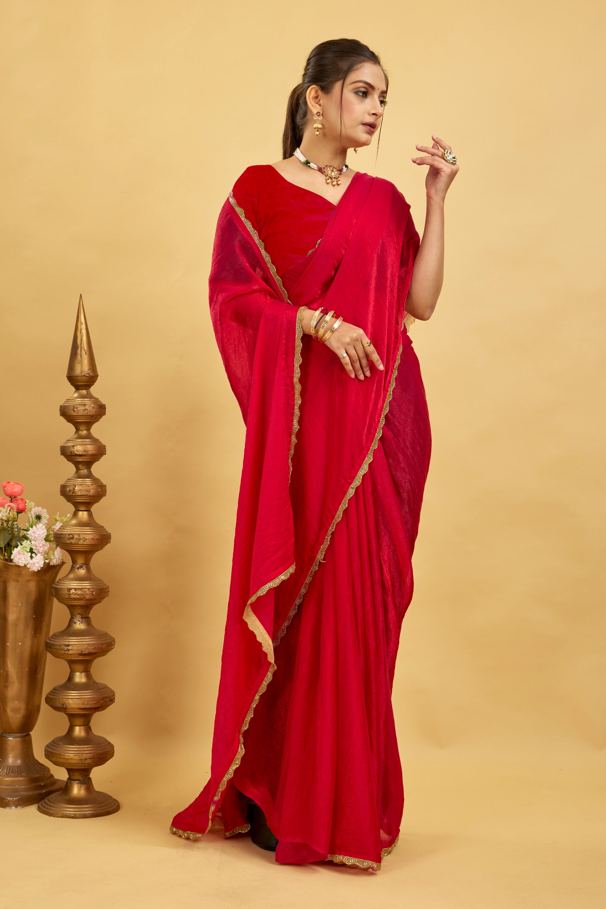Red Jimmy Choo Plain Chiffon Saree