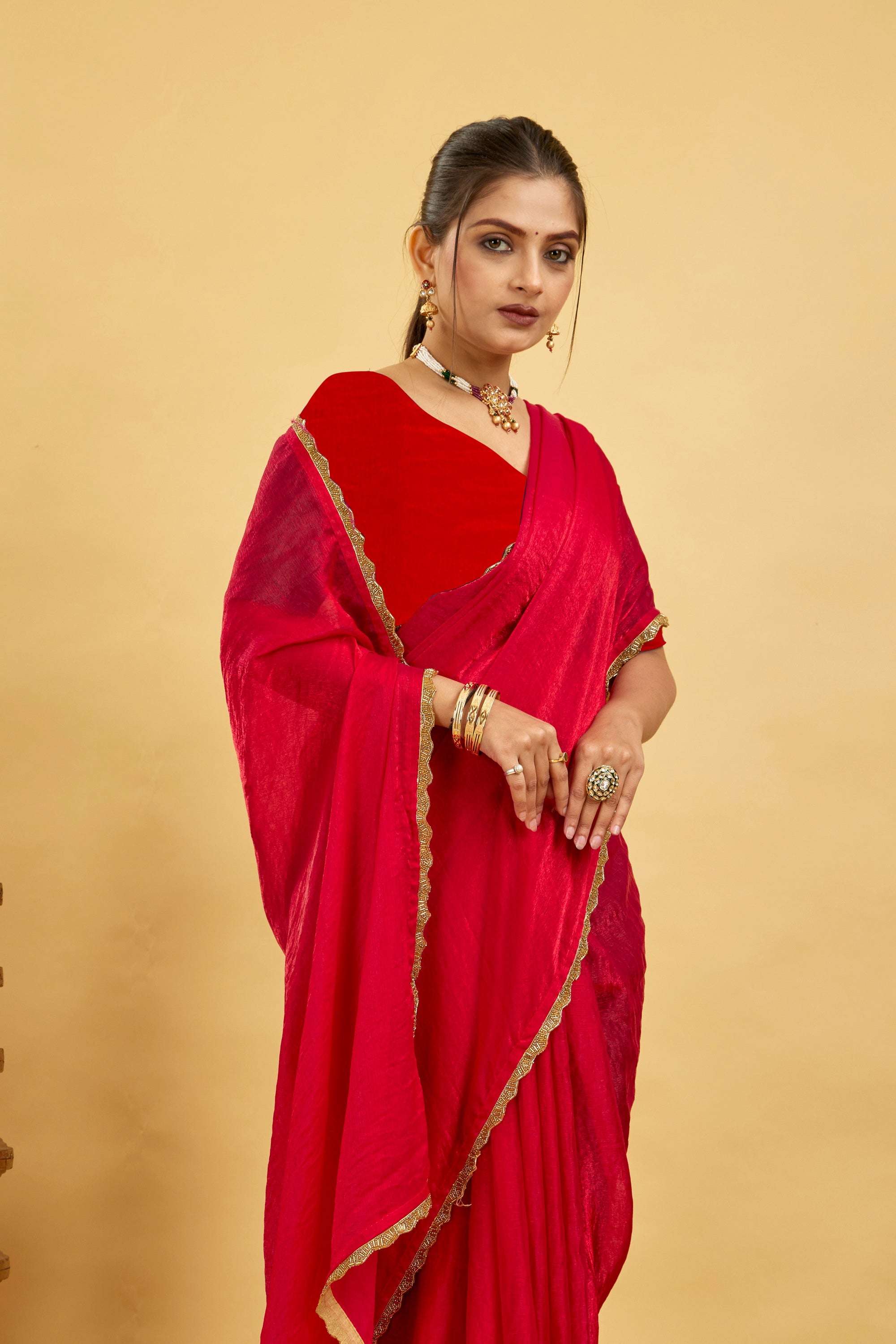 Red Jimmy Choo Plain Chiffon Saree
