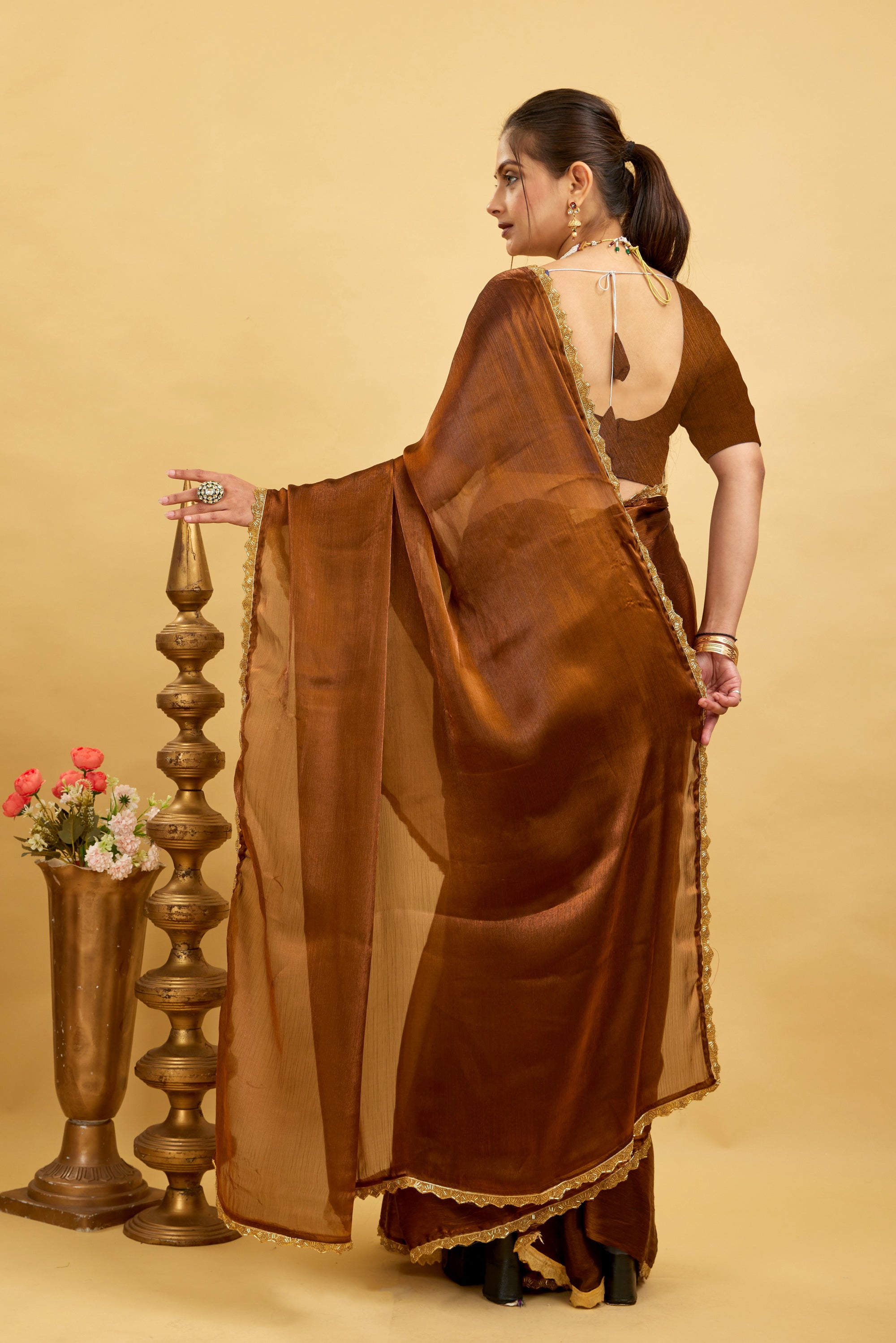 Brown Jimmy Choo Plain Chiffon Saree