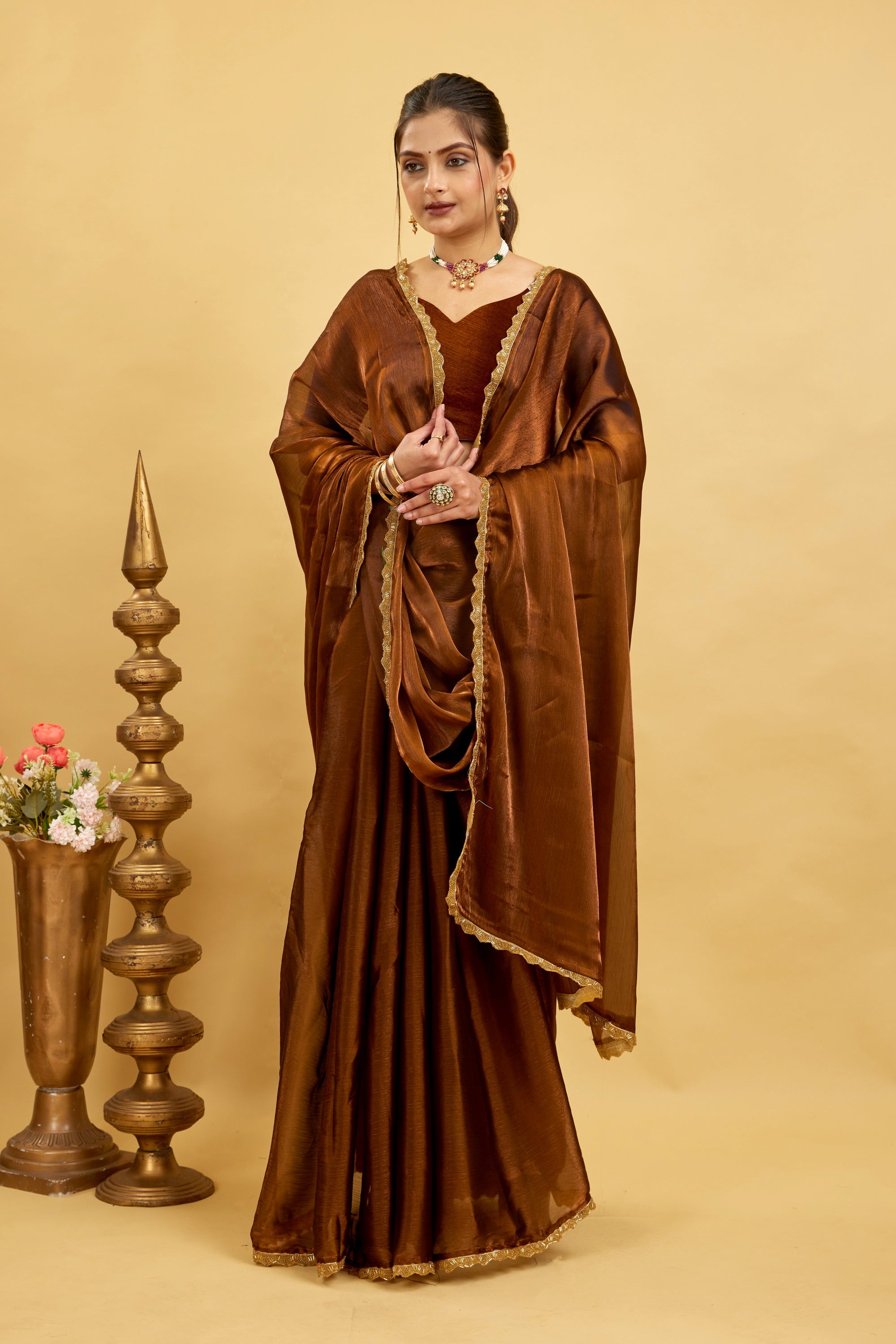 Brown Jimmy Choo Plain Chiffon Saree