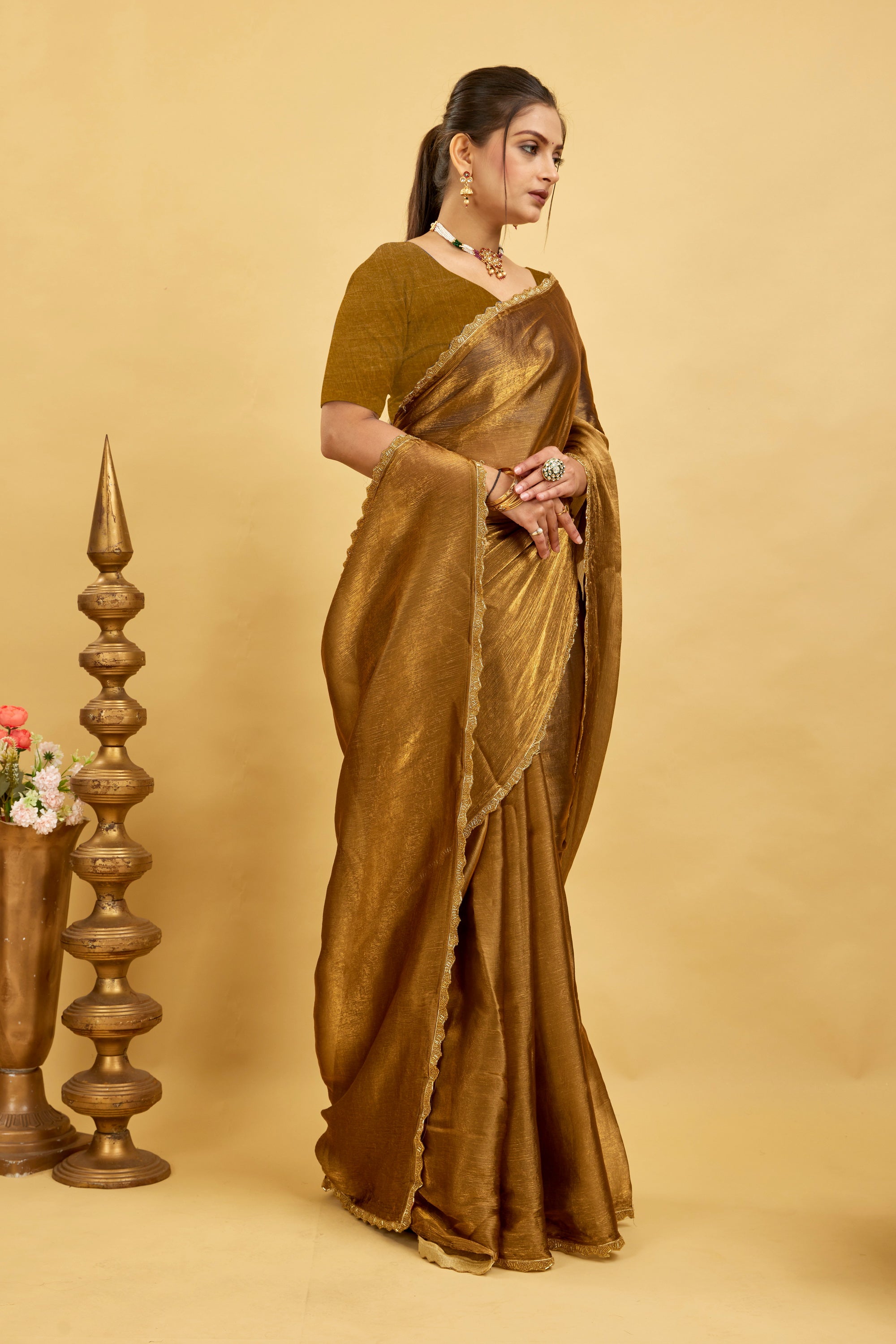 Gold Jimmy Choo Plain Chiffon Saree