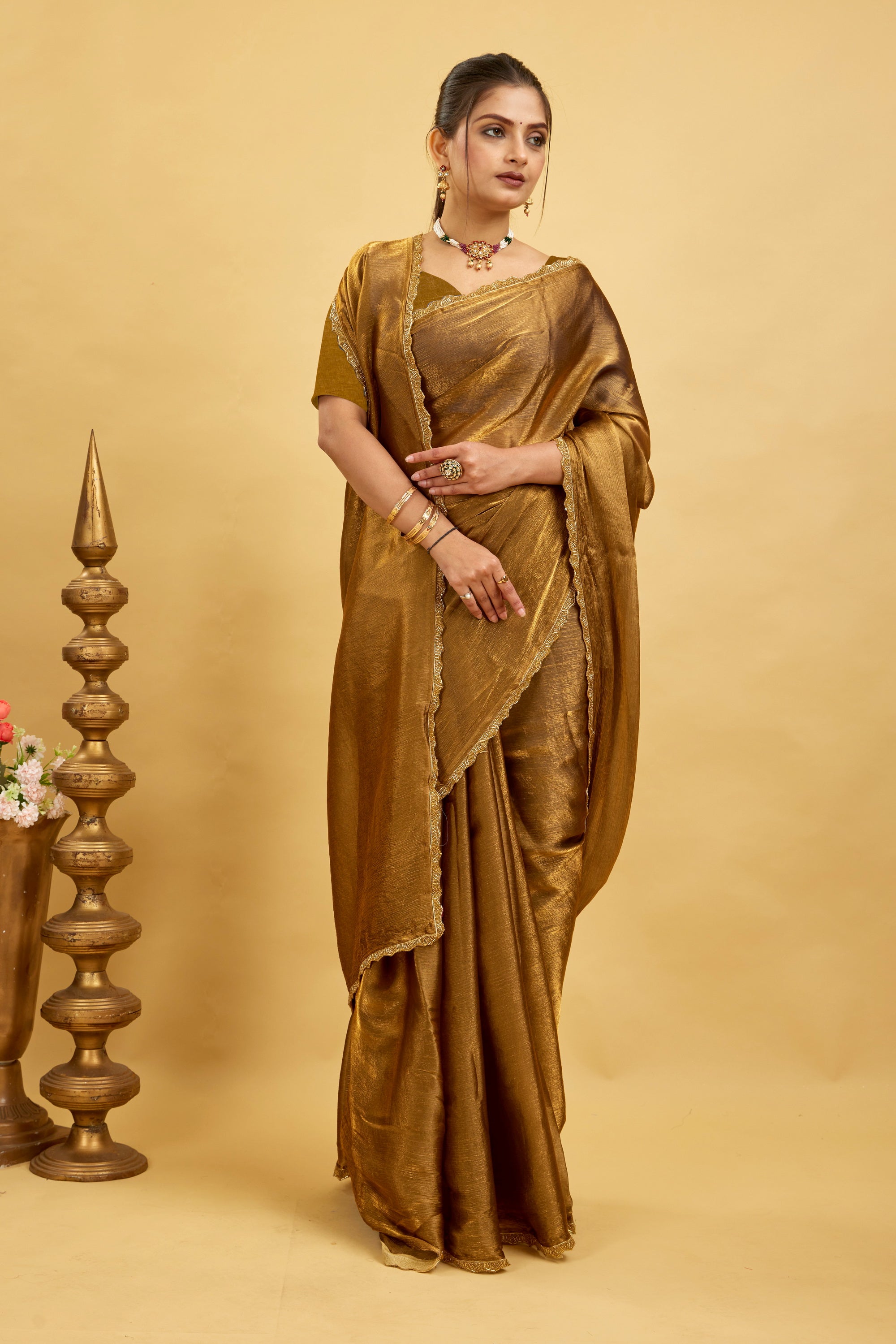 Gold Jimmy Choo Plain Chiffon Saree
