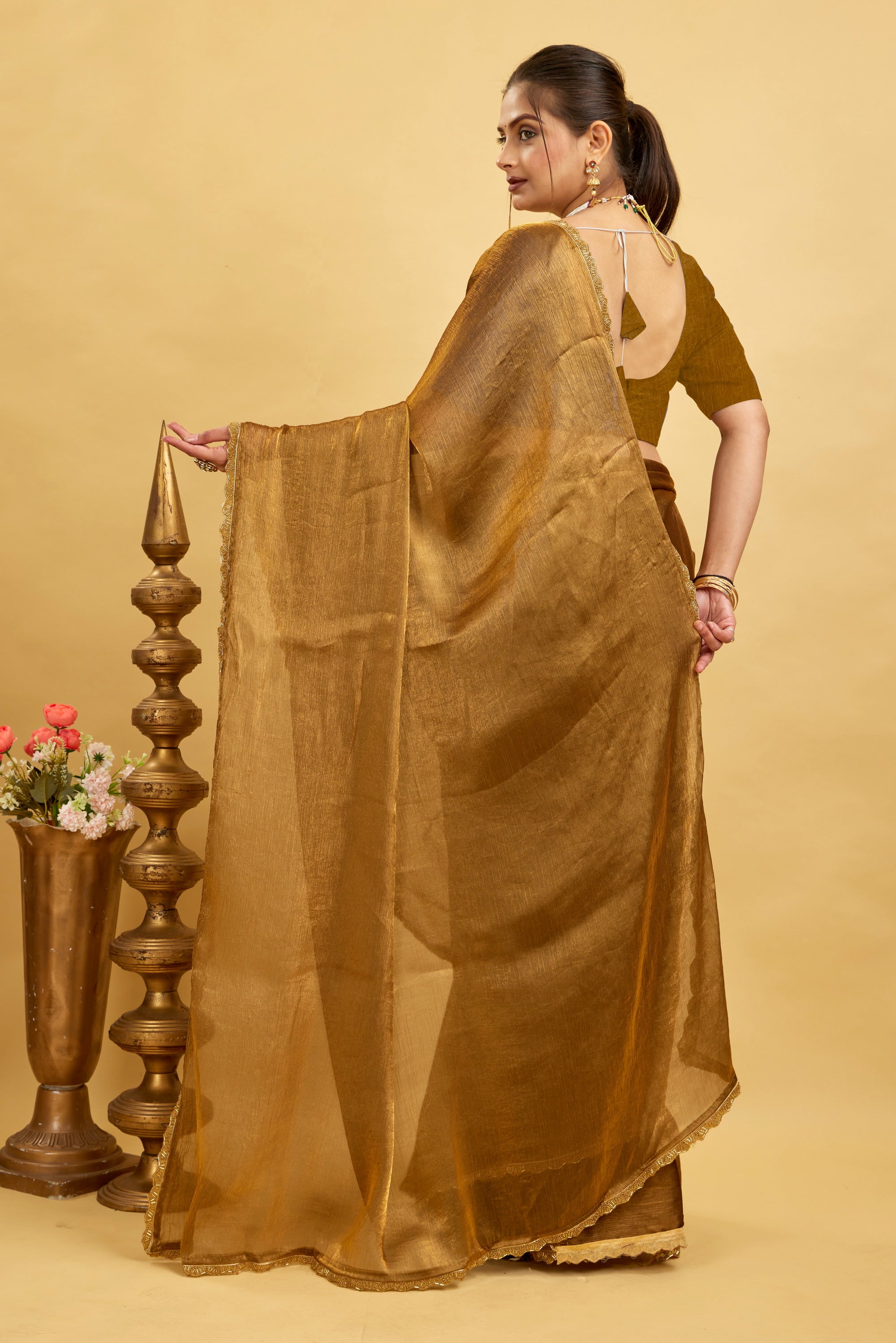 Gold Jimmy Choo Plain Chiffon Saree