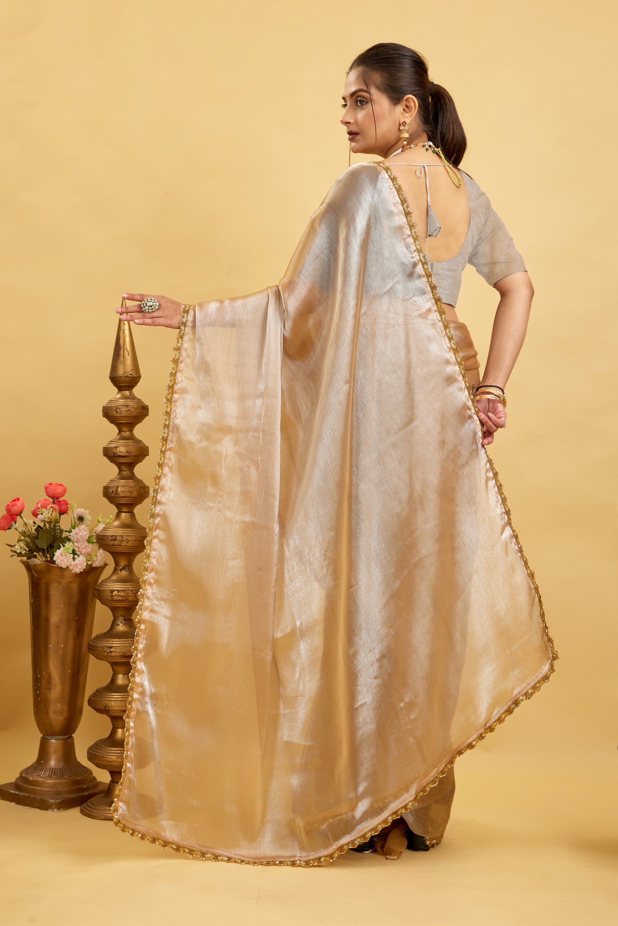 Beige Jimmy Choo Plain Chiffon Saree