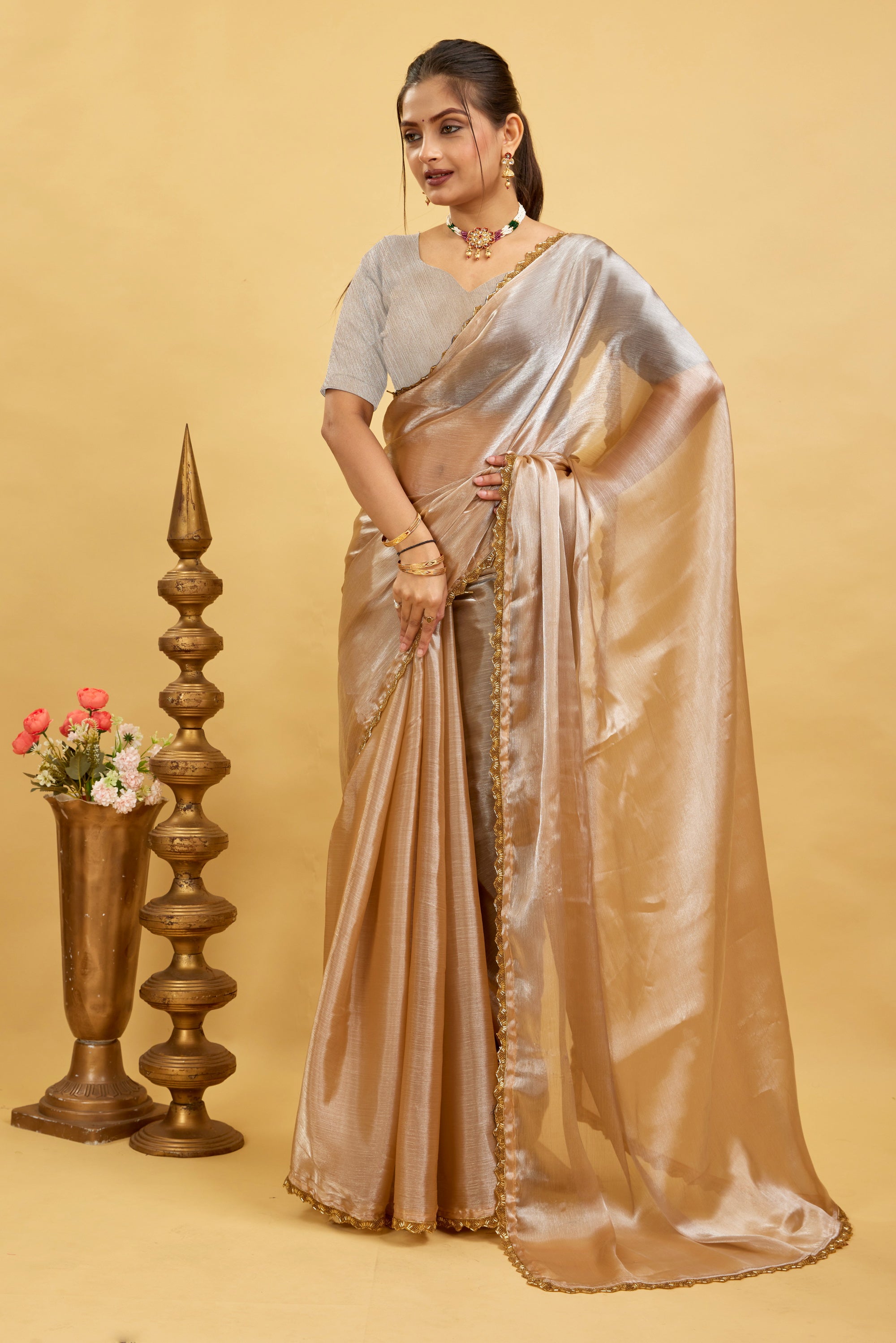 Beige Jimmy Choo Plain Chiffon Saree