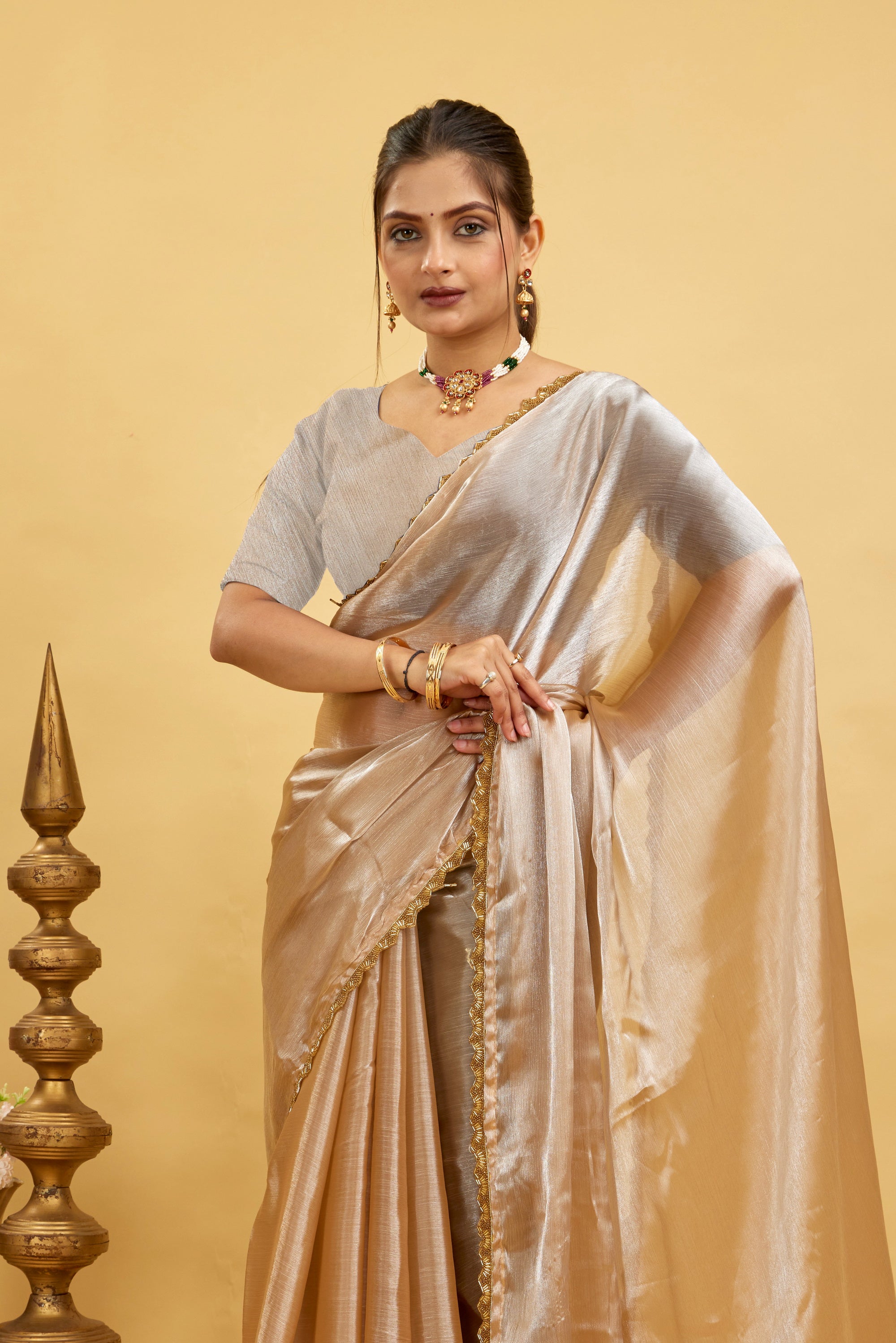 Beige Plain Chiffon Saree
