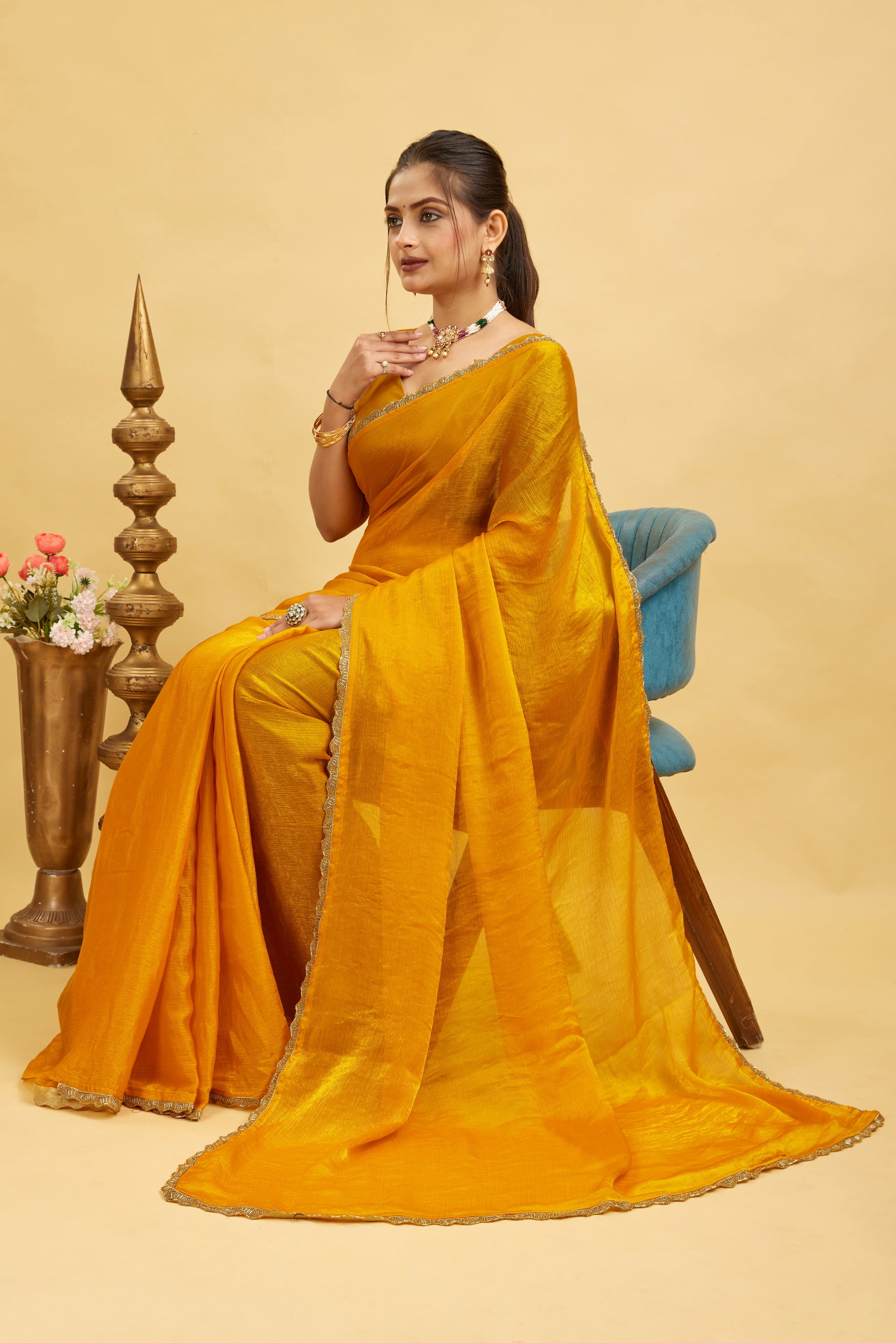 Yellow Jimmy Choo Plain Chiffon Saree