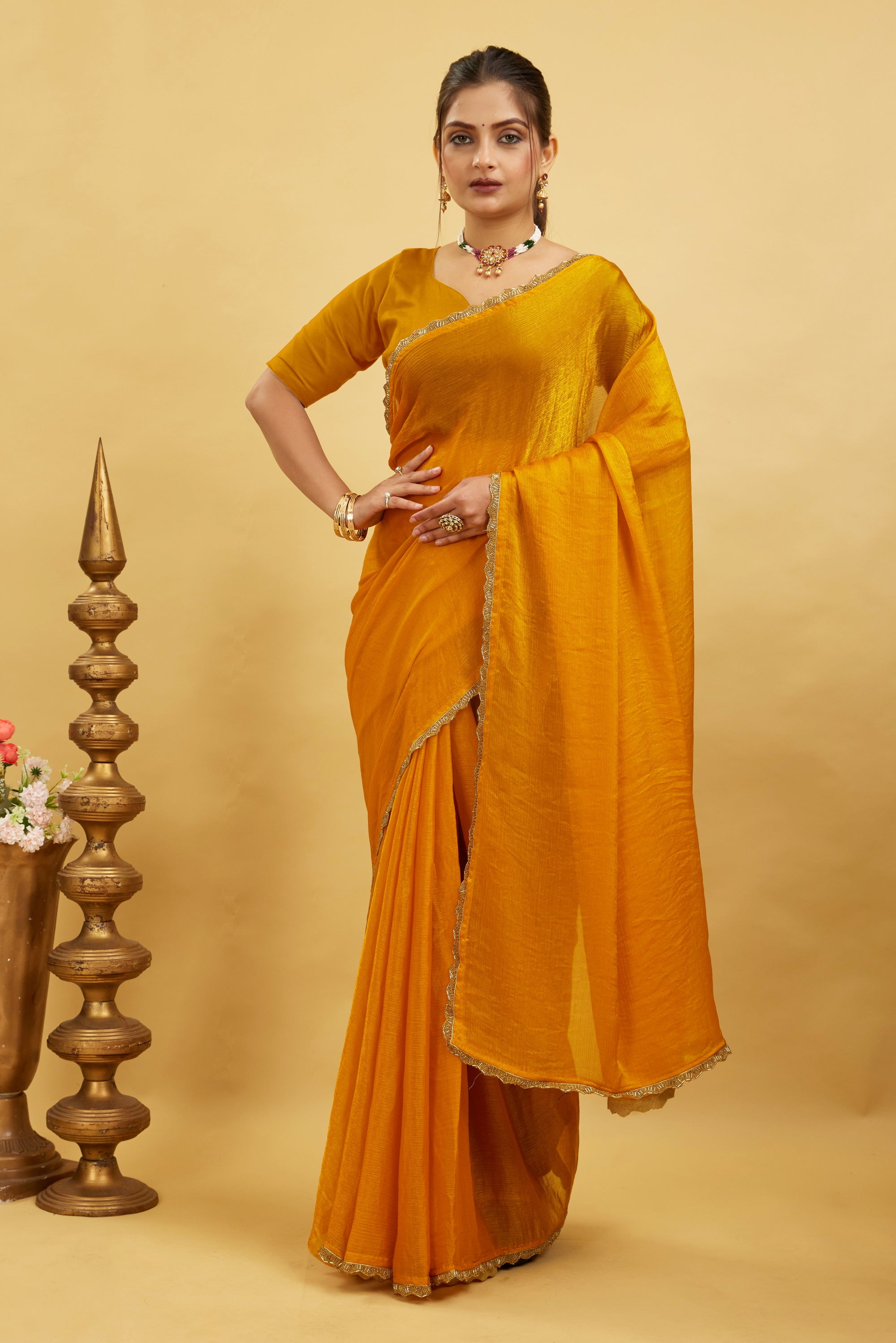 Yellow Jimmy Choo Plain Chiffon Saree