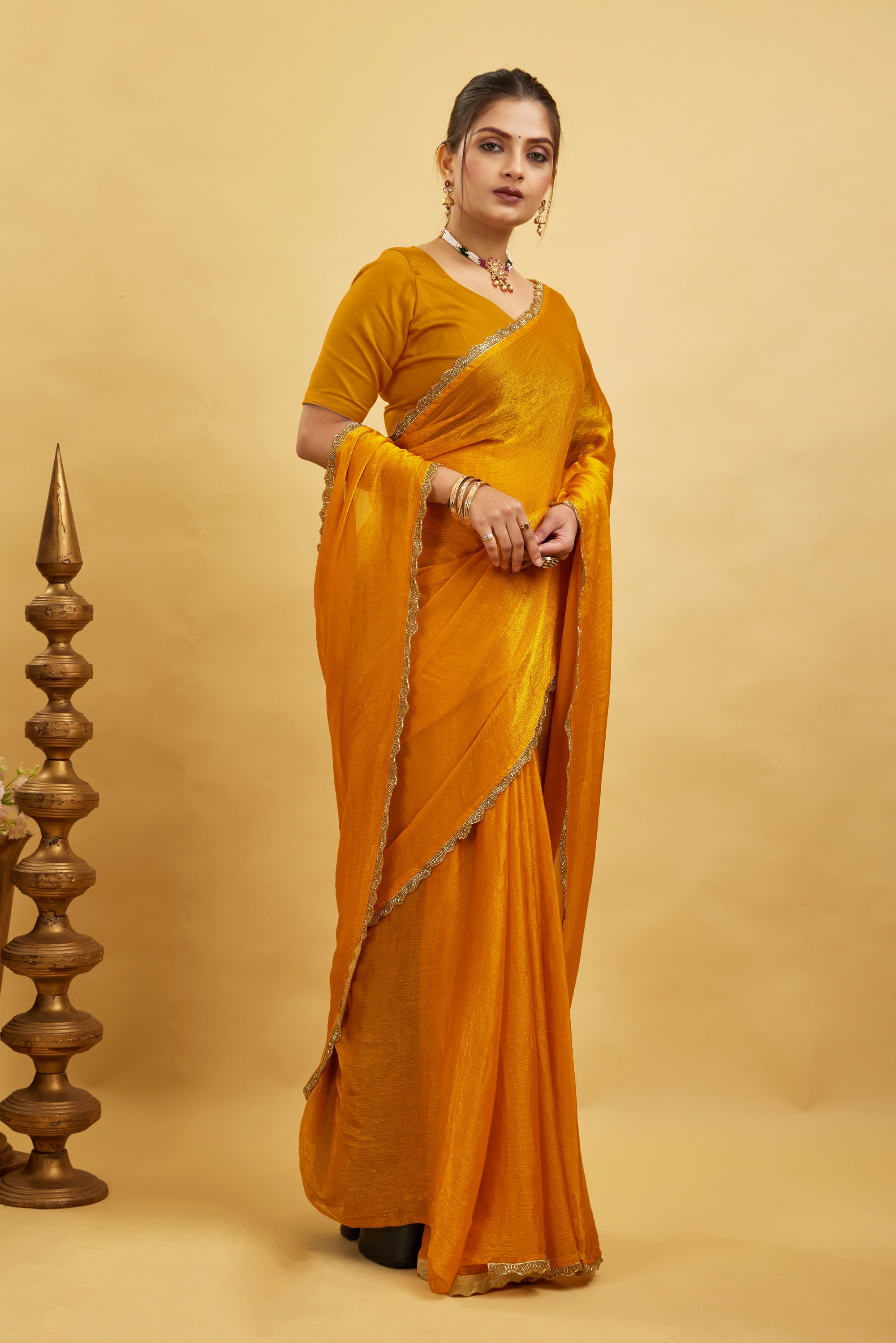 Yellow Jimmy Choo Plain Chiffon Saree