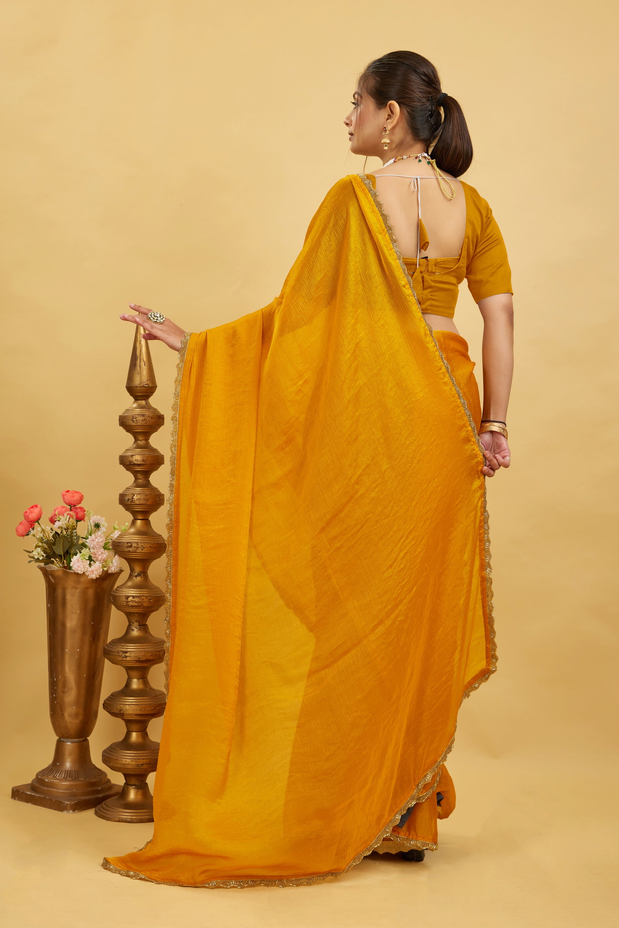 Yellow Jimmy Choo Plain Chiffon Saree