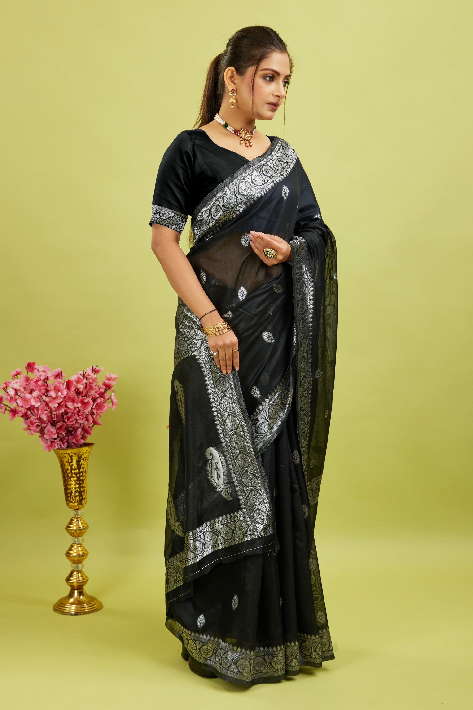 Black Weaving Cotton Silk Saree