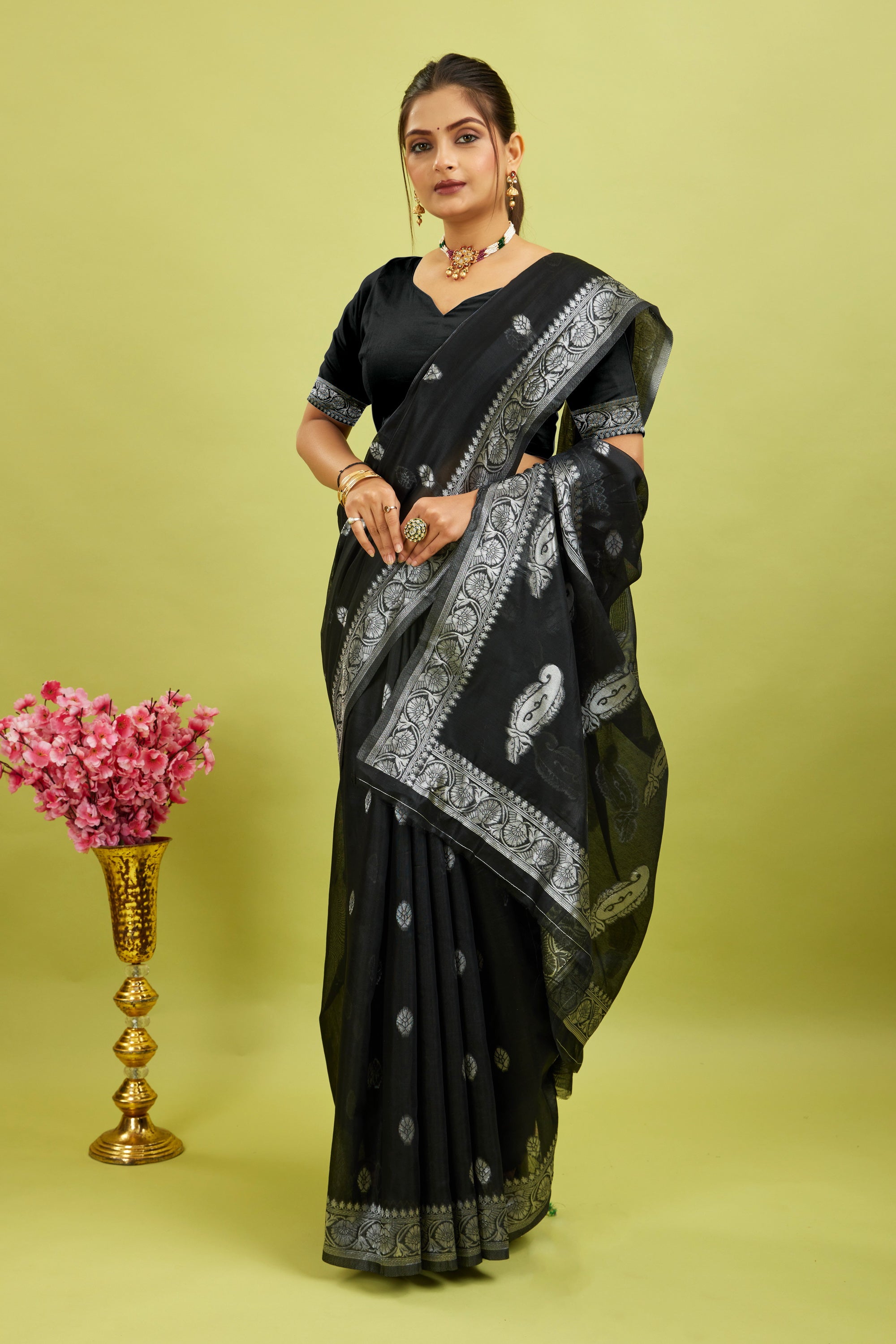 Black Weaving Cotton Silk Saree