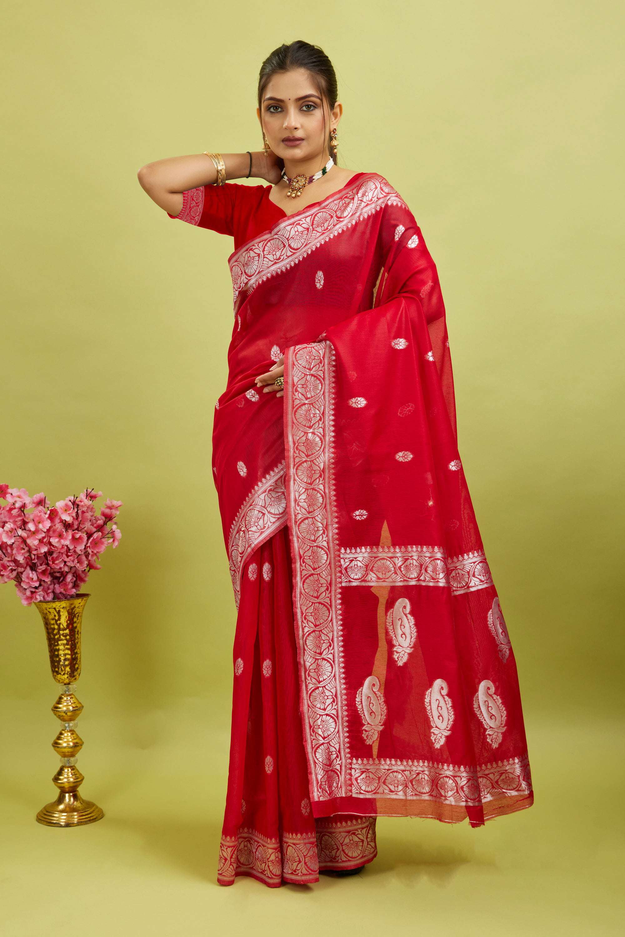 Red Cotton Blend Silver Woven Saree