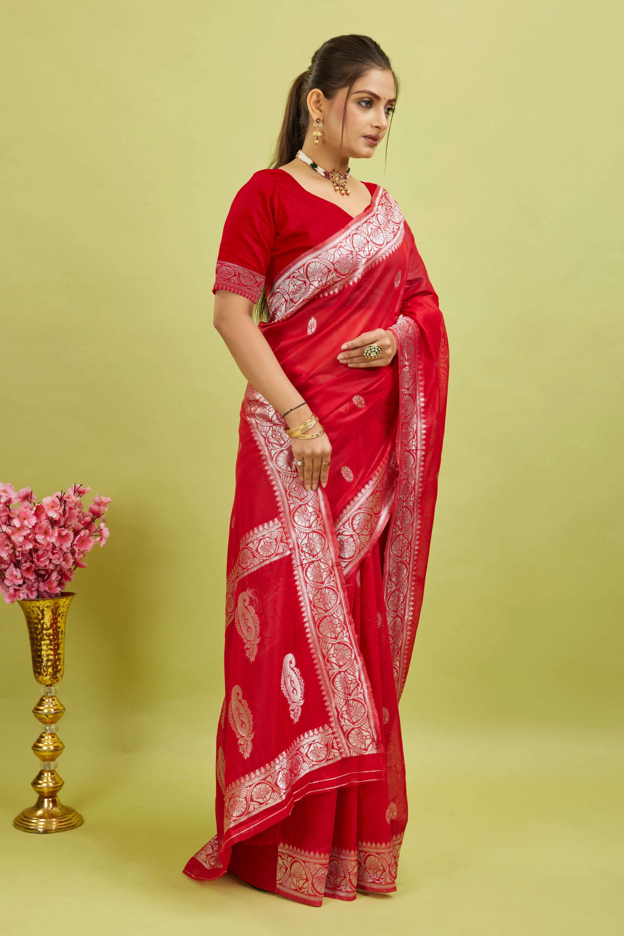Red Cotton Blend Silver Woven Saree