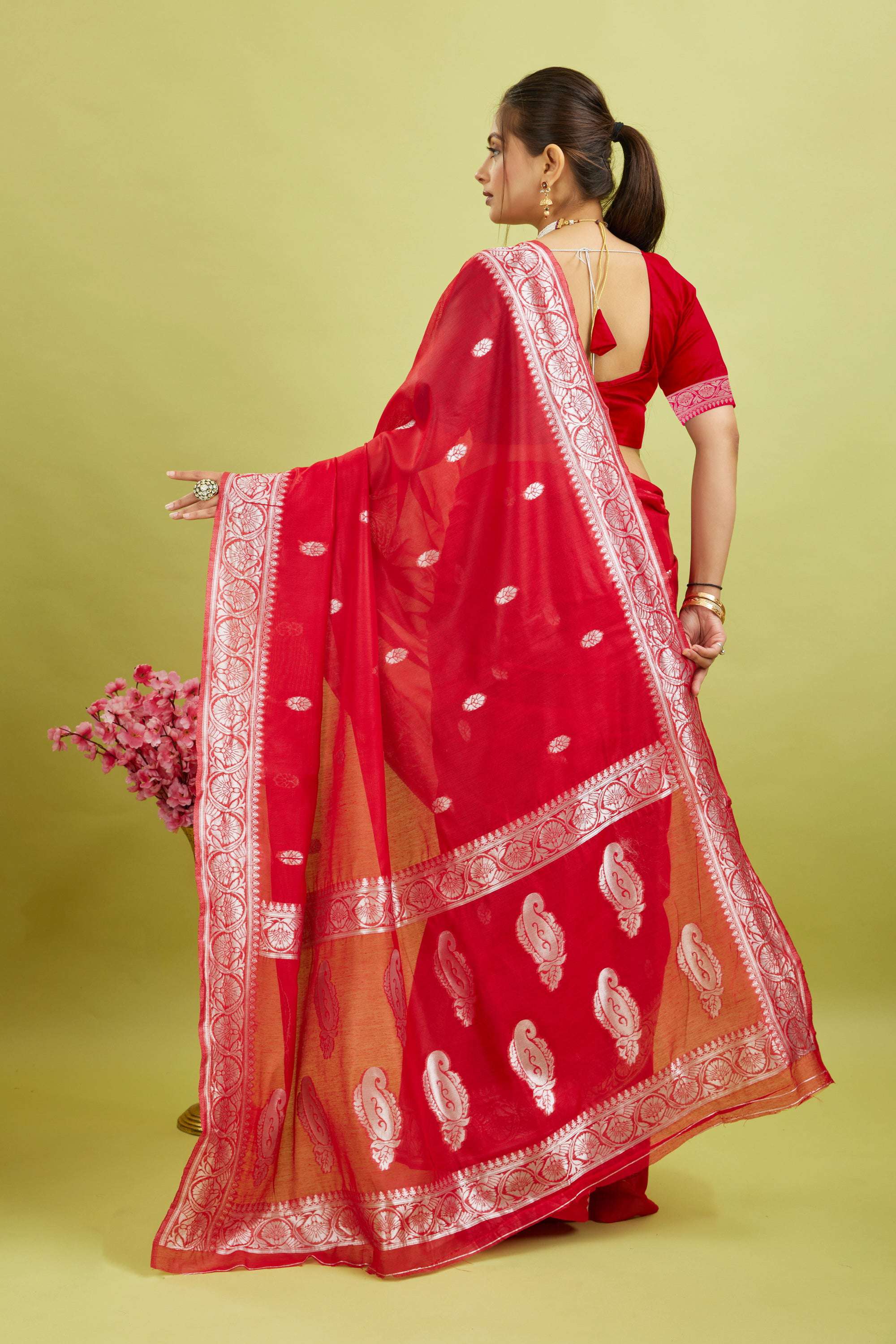 Red Cotton Blend Silver Woven Saree