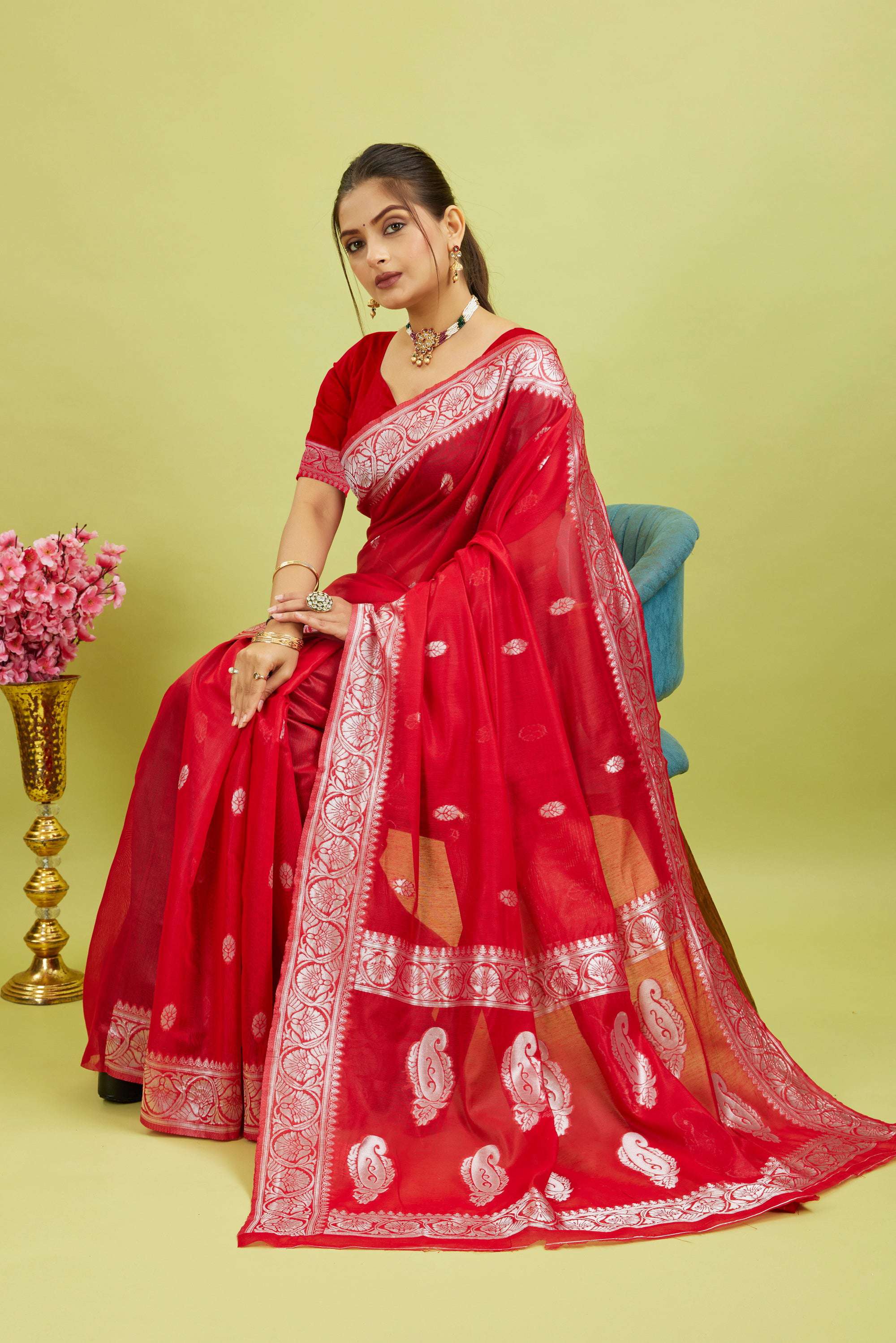 Red Cotton Blend Silver Woven Saree