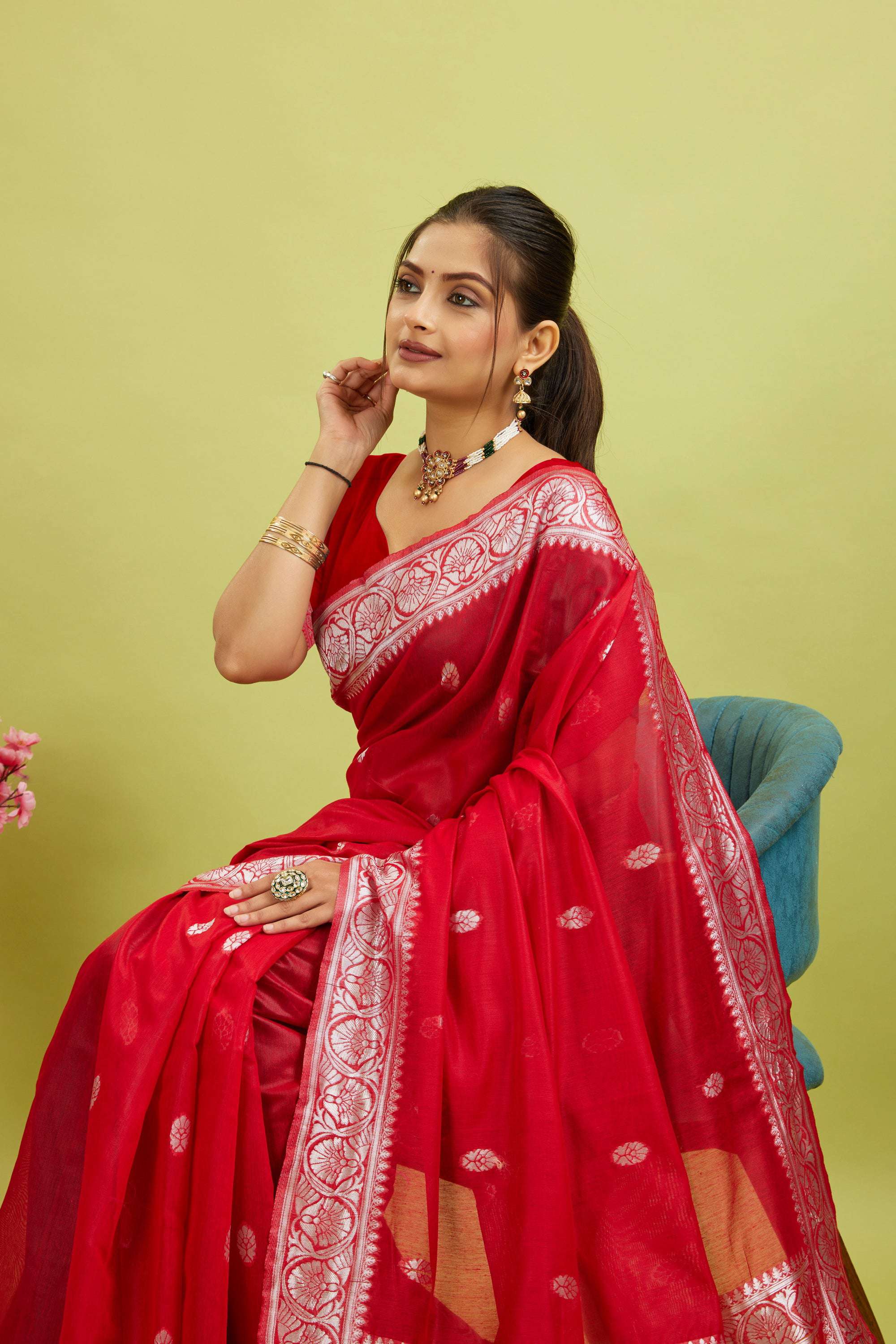 Red Cotton Blend Silver Woven Saree