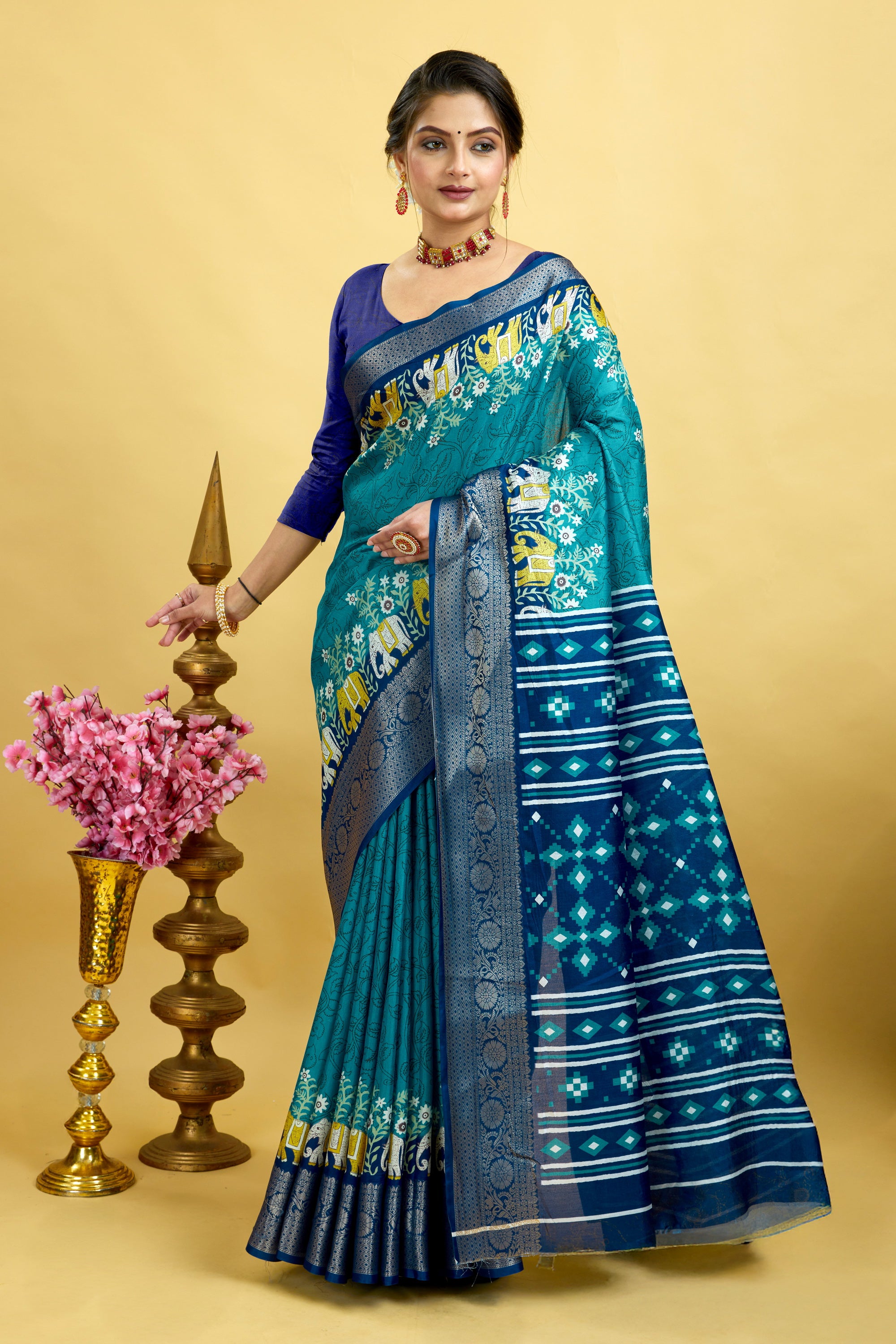 Blue Bandhani Print Soft Dola Cotton Kanjivaram Saree