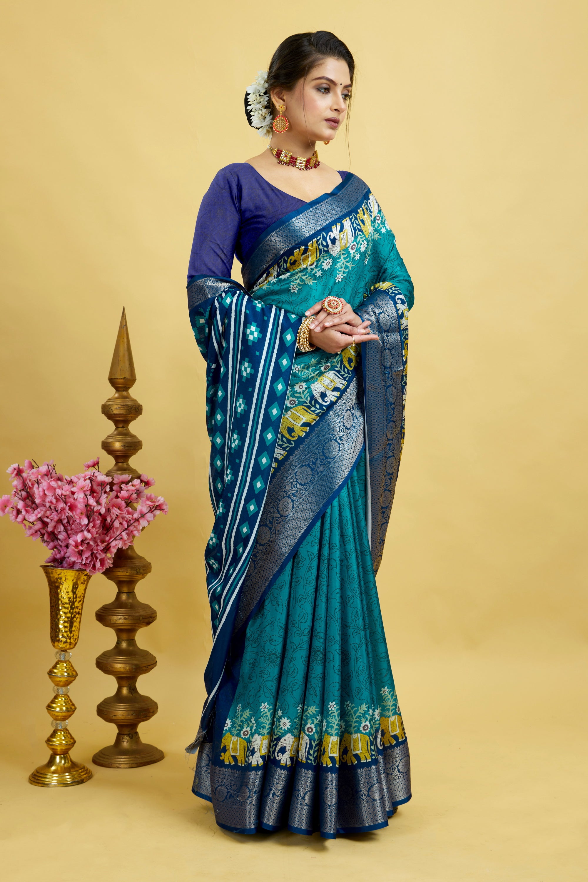 Blue Bandhani Print Soft Dola Cotton Kanjivaram Saree