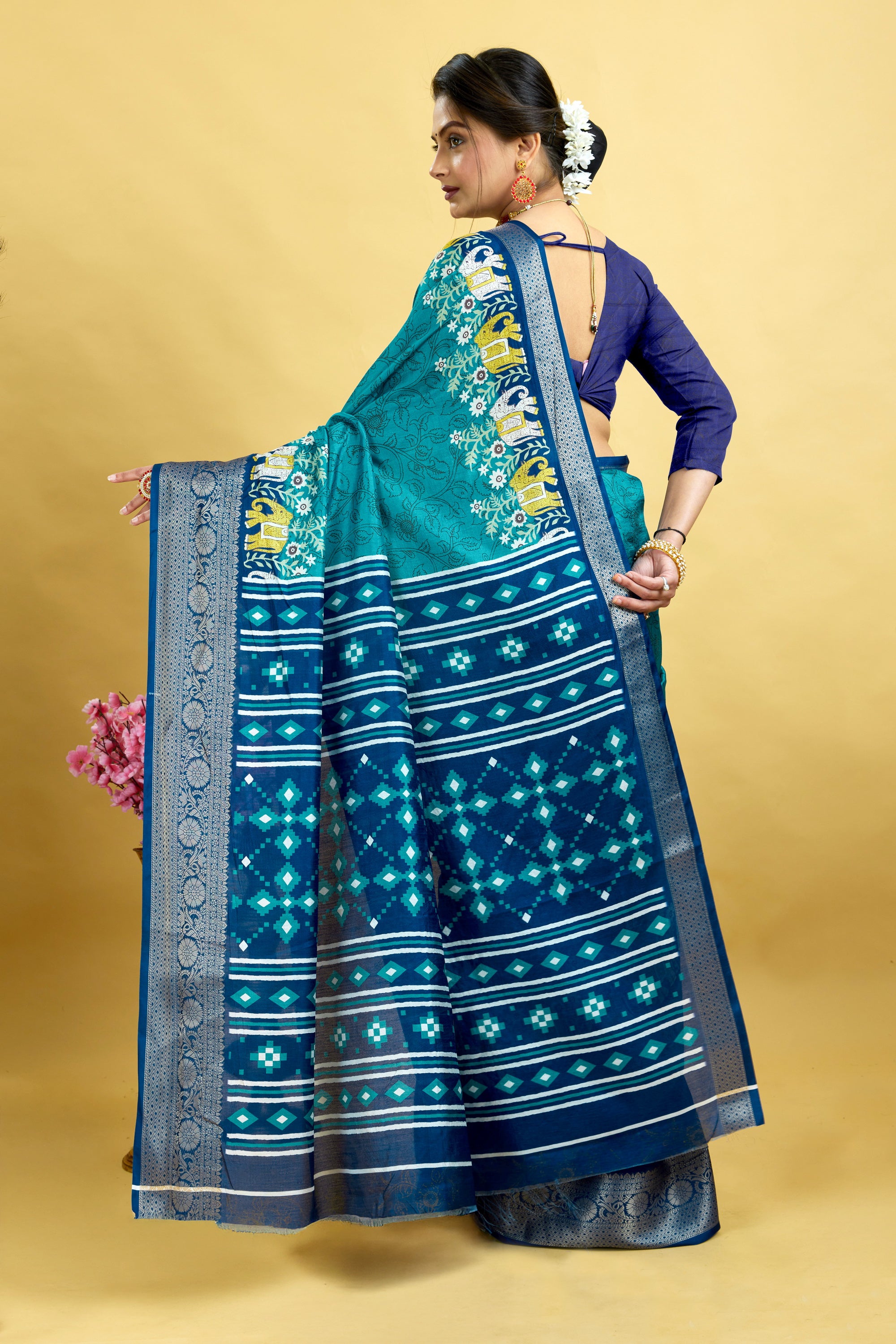 Blue Bandhani Print Soft Dola Cotton Kanjivaram Saree