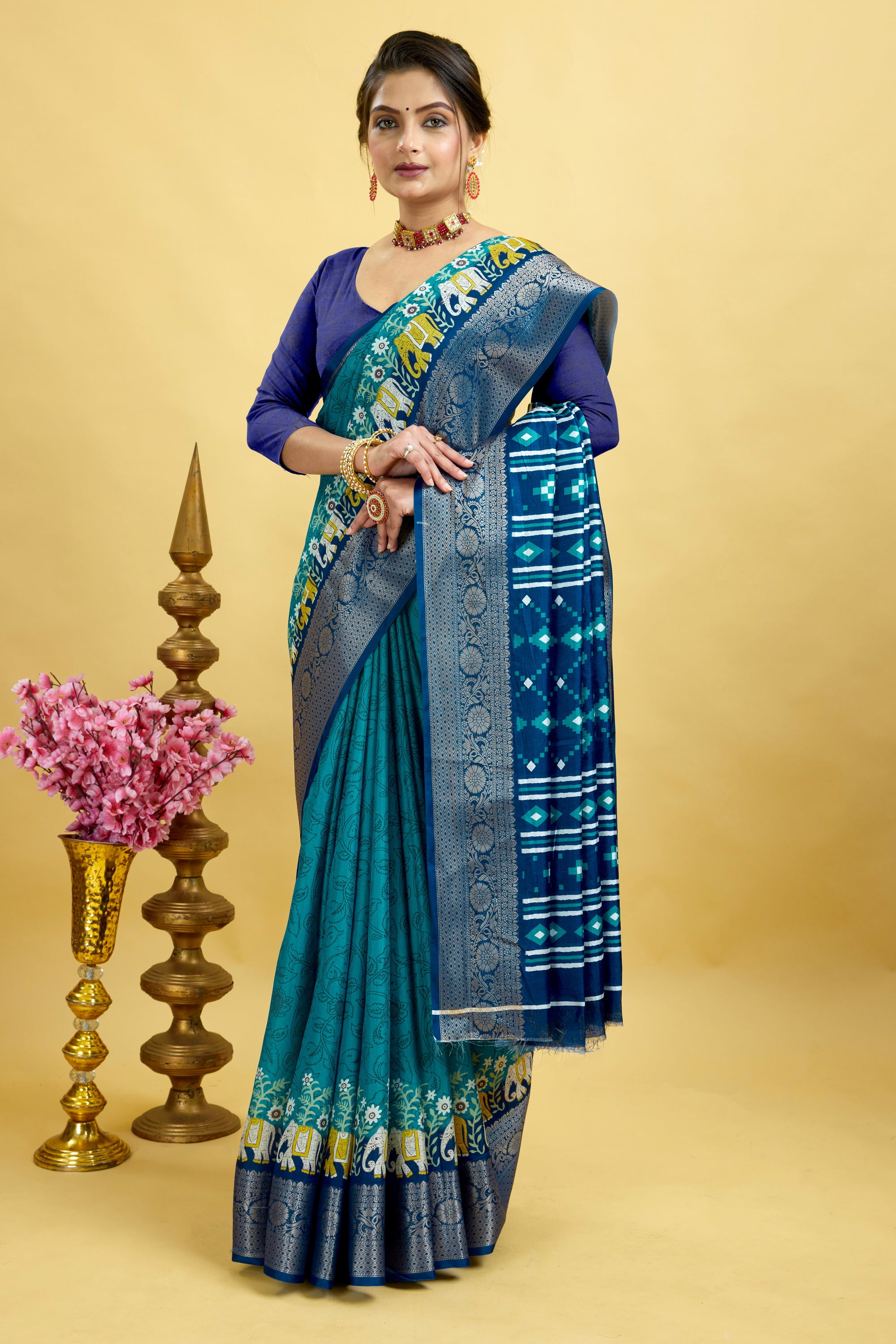 Blue Bandhani Print Soft Dola Cotton Kanjivaram Saree