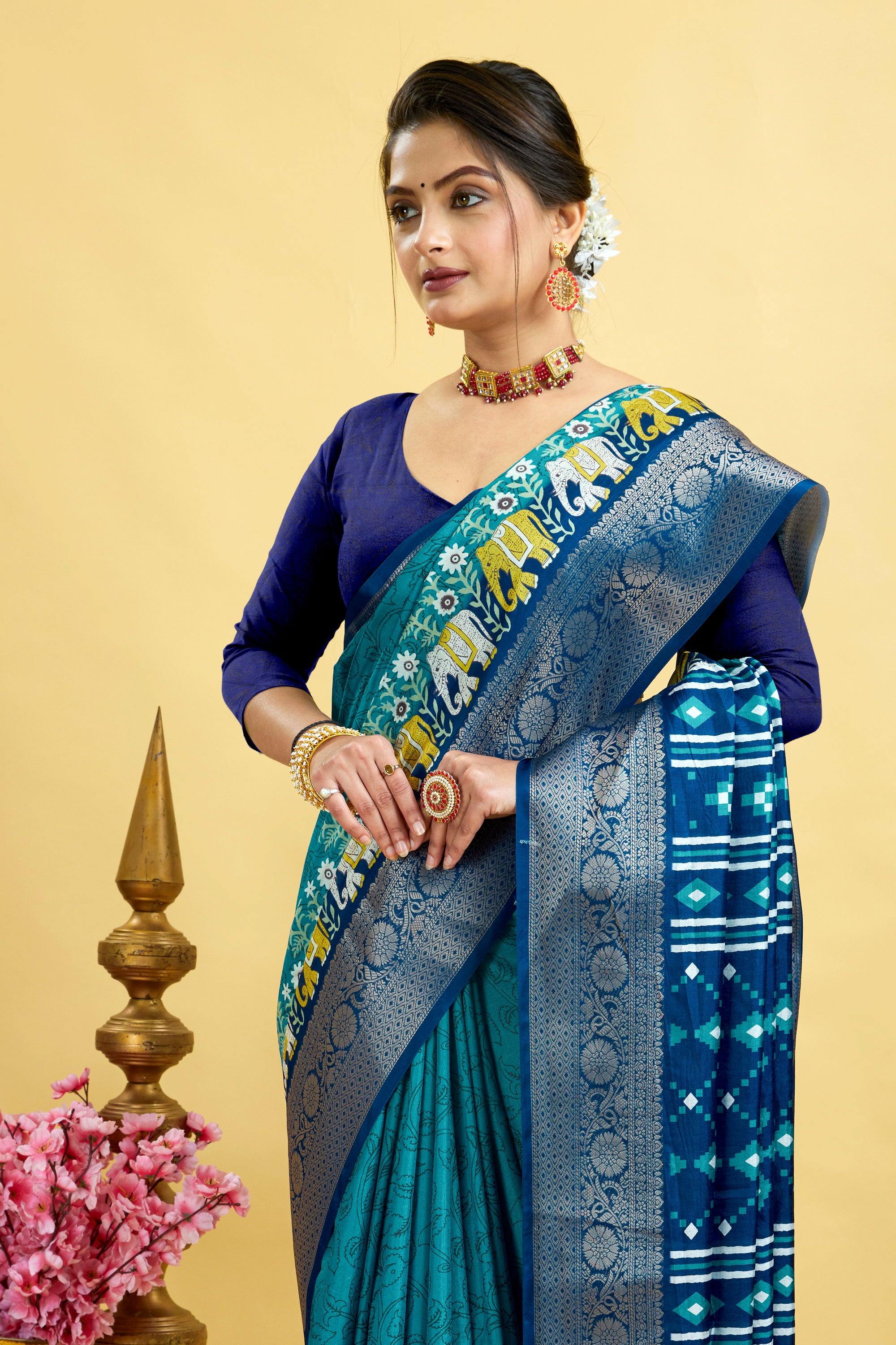 Blue Bandhani Print Soft Dola Cotton Kanjivaram Saree